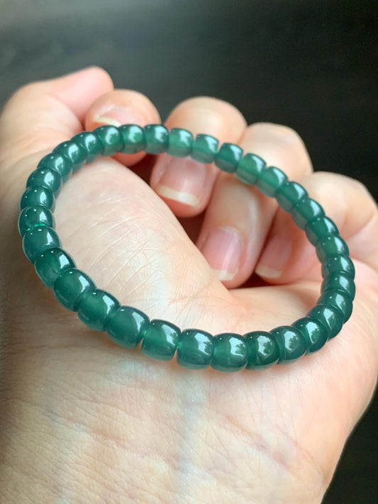 Natural Grade A Guatemalan Icy Highly Translucent Teal Green Jadeite Drum Beads Beaded Bracelet 6.3x5.3mm 6.75" 15g 天然冰胶起光危蓝绿翡翠桶珠手串 WLG260
