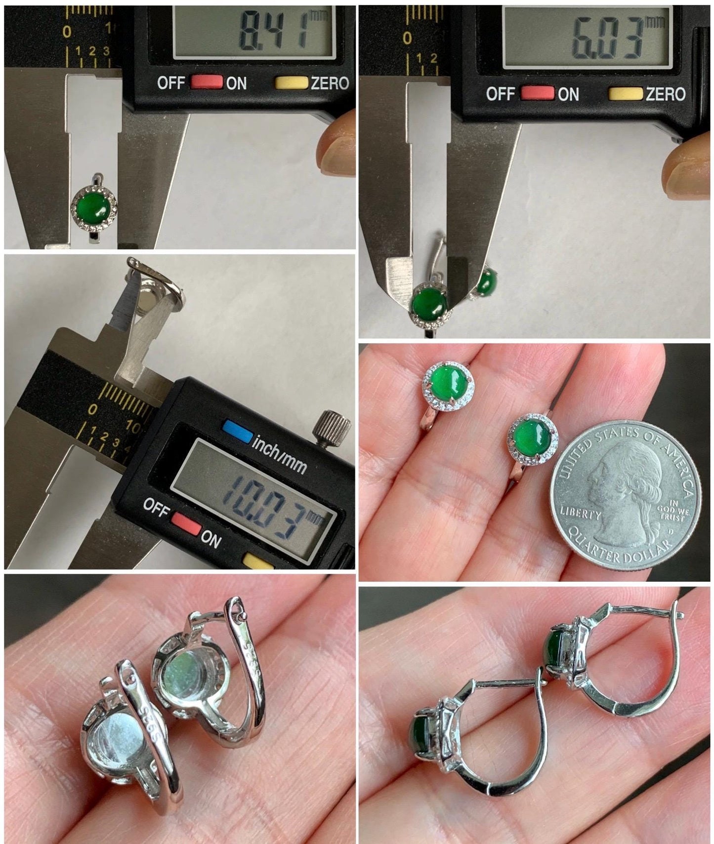 Natural Grade A Guatemalan Icy Translucent Vibrant Green Jade Jadeite Halo Style Huggie Hoop Earrings Sterling Silver 天然冰危绿翡翠镶嵌耳包 LEB128