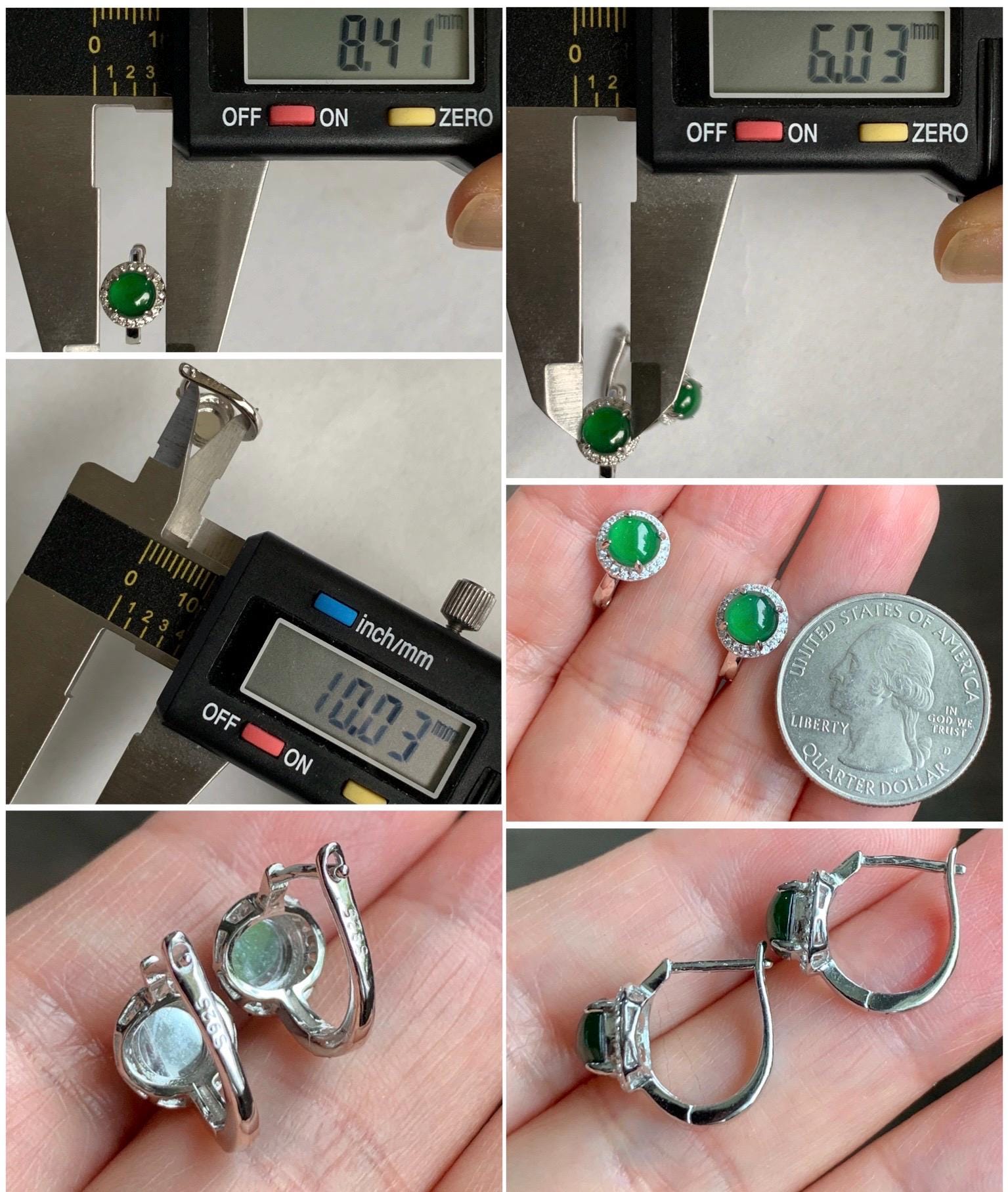 Natural Grade A Guatemalan Icy Translucent Vibrant Green Jade Jadeite Halo Style Huggie Hoop Earrings Sterling Silver 天然冰危绿翡翠镶嵌耳包 LEB128