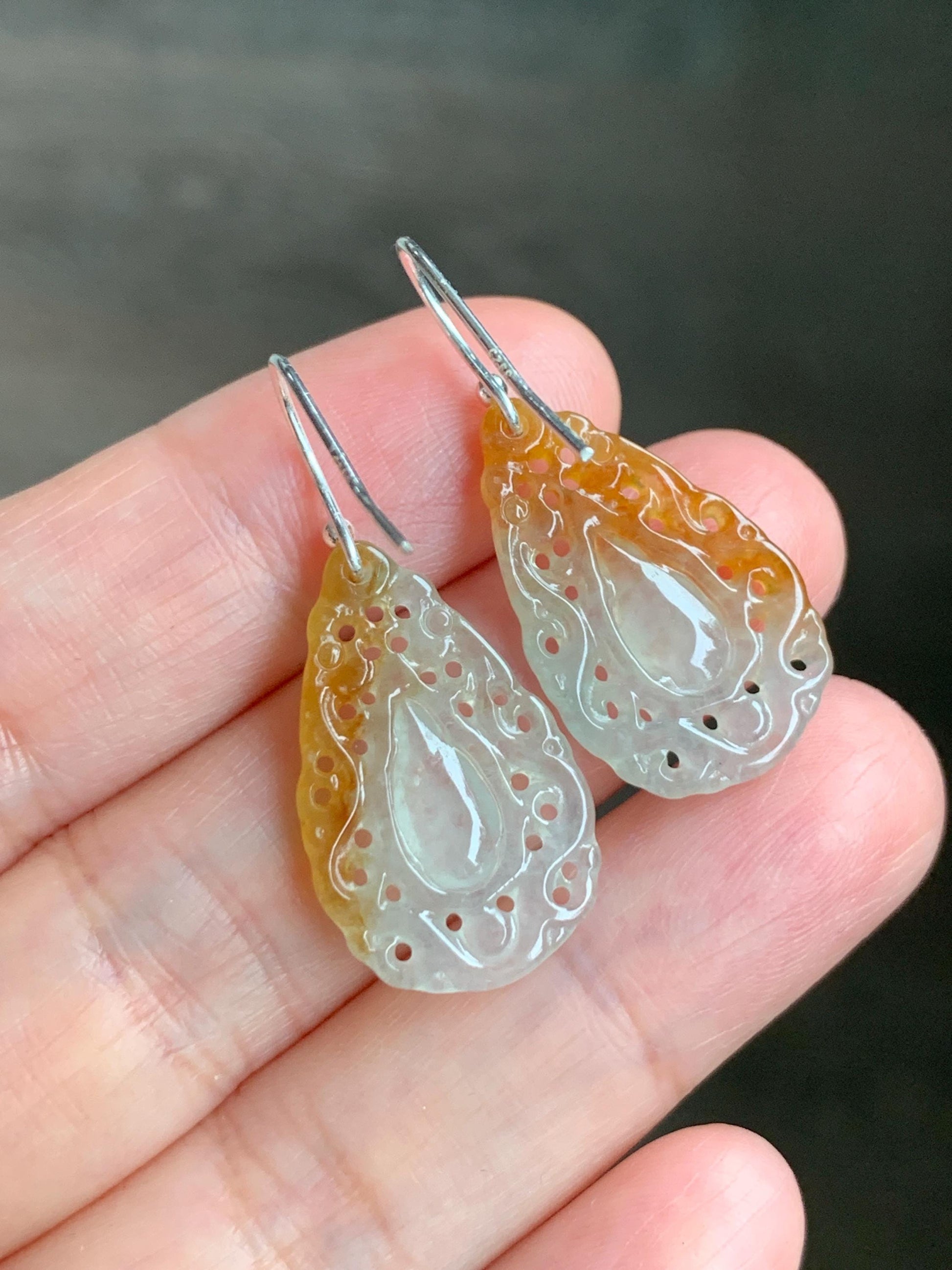 Certified Grade A Natural Icy Translucent Golden Marbled Openwork Engraved Jadeite Dangle Earrings Sterling Silver 天然起光冰黄翡翠镂空雕水滴银耳钩耳吊 9963