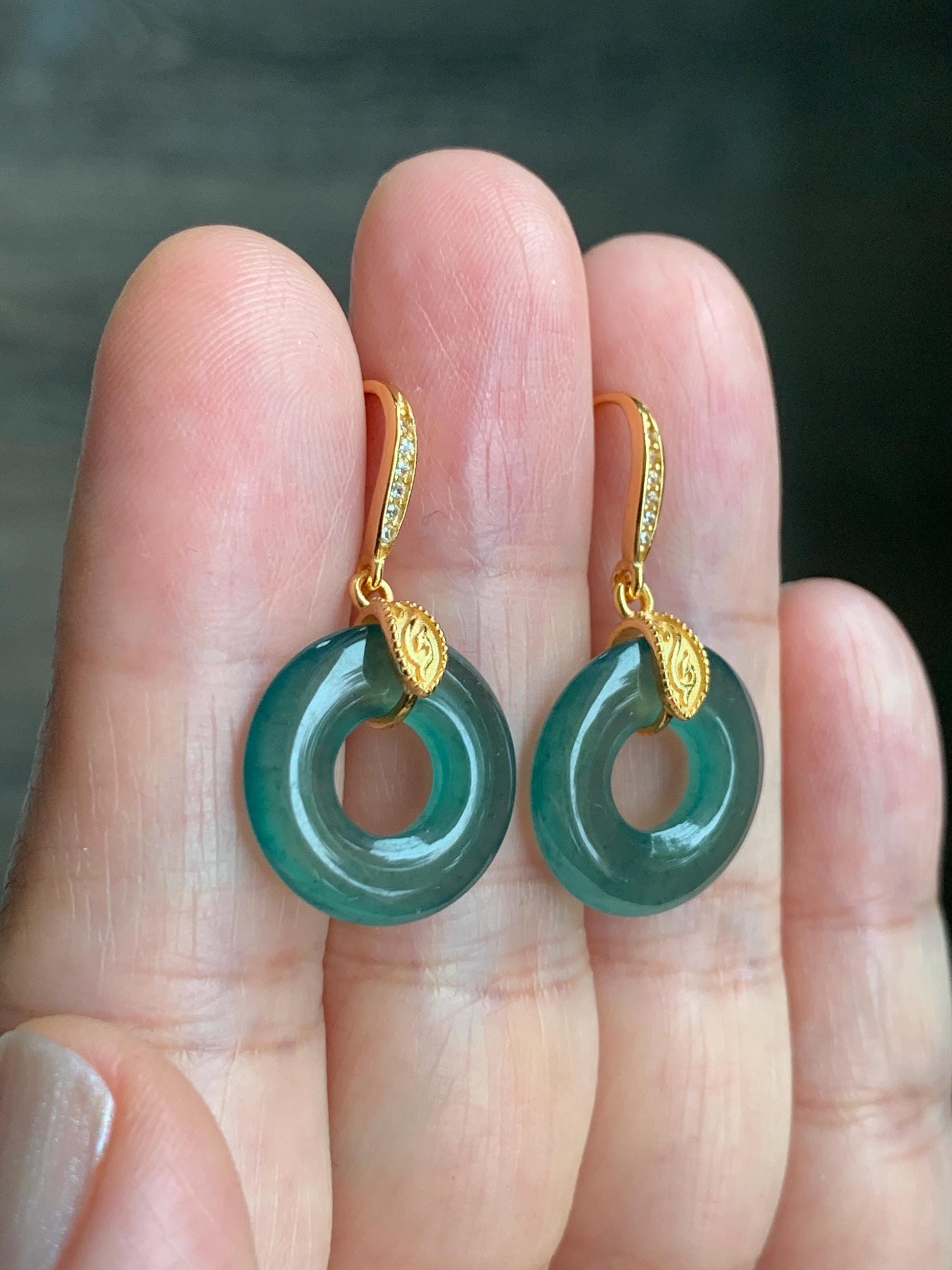 Natural Grade A Guatemalan Icy Translucent Teal Green Jade Jadeite Ping An Kou Donut Dangle Earrings Sterling Silver 天然冰危深蓝绿翡翠平安扣耳钩 LUYA