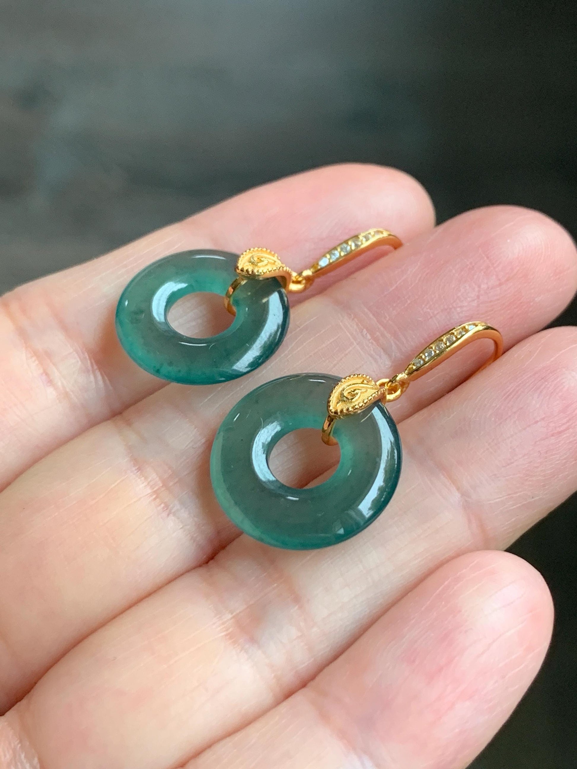 Natural Grade A Guatemalan Icy Translucent Teal Green Jade Jadeite Ping An Kou Donut Dangle Earrings Sterling Silver 天然冰危深蓝绿翡翠平安扣耳钩 LUYA