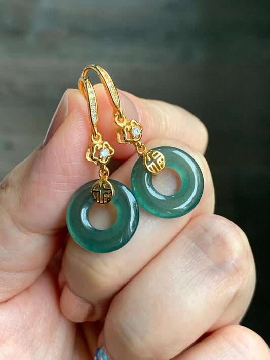 Natural Grade A Guatemalan Icy Translucent Teal Green Jade Jadeite Ping An Kou Donut Dangle Earrings Sterling Silver 天然冰危深蓝绿翡翠平安扣耳钩 LUYB