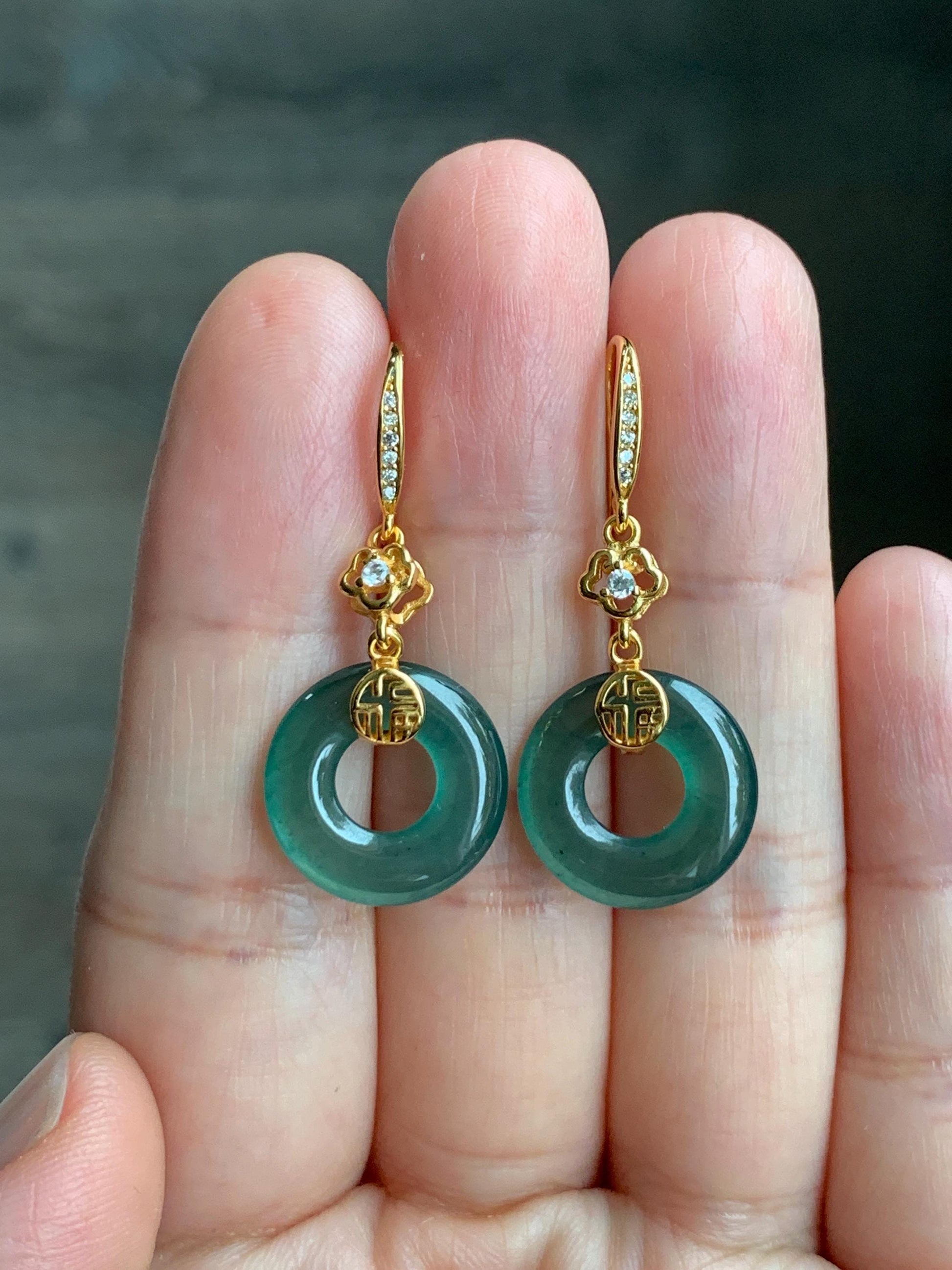 Natural Grade A Guatemalan Icy Translucent Teal Green Jade Jadeite Ping An Kou Donut Dangle Earrings Sterling Silver 天然冰危深蓝绿翡翠平安扣耳钩 LUYB