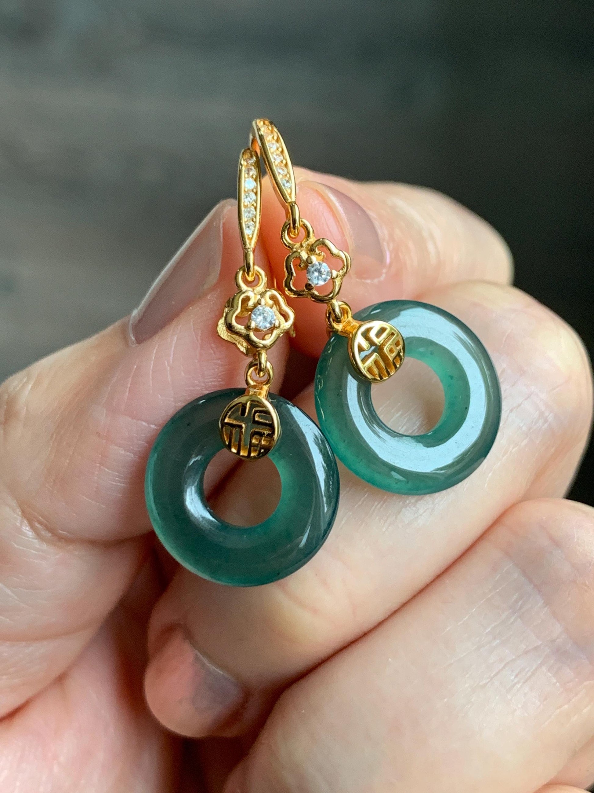 Natural Grade A Guatemalan Icy Translucent Teal Green Jade Jadeite Ping An Kou Donut Dangle Earrings Sterling Silver 天然冰危深蓝绿翡翠平安扣耳钩 LUYB