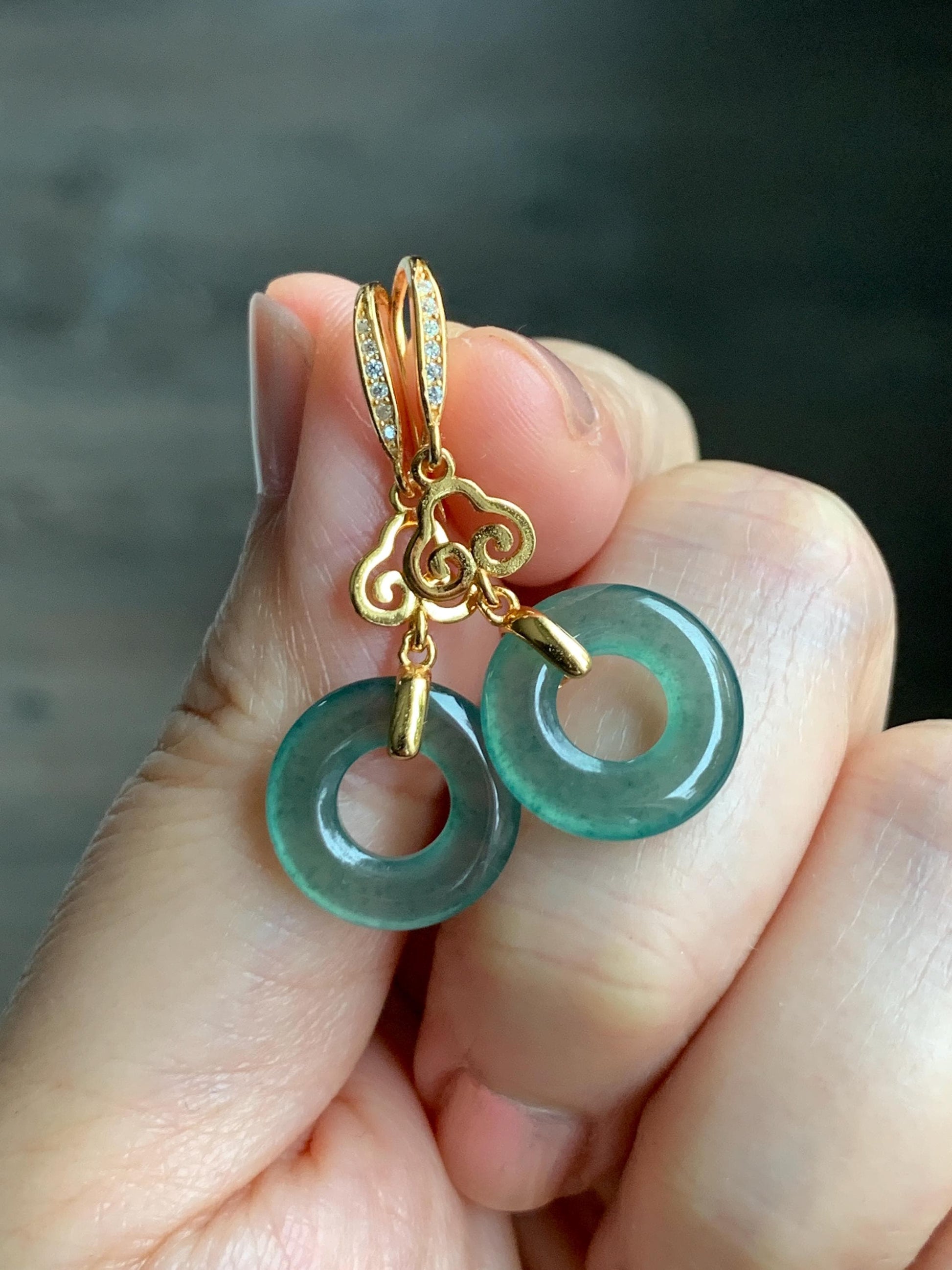 Natural Grade A Guatemalan Icy Translucent Teal Green Jade Jadeite Ping An Kou Donut Dangle Earrings Sterling Silver 天然冰危深蓝绿翡翠平安扣耳钩 LRK-A