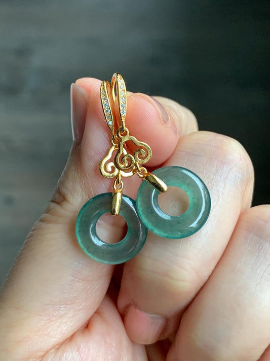 Natural Grade A Guatemalan Icy Translucent Teal Green Jade Jadeite Ping An Kou Donut Dangle Earrings Sterling Silver 天然冰危深蓝绿翡翠平安扣耳钩 LRK-A