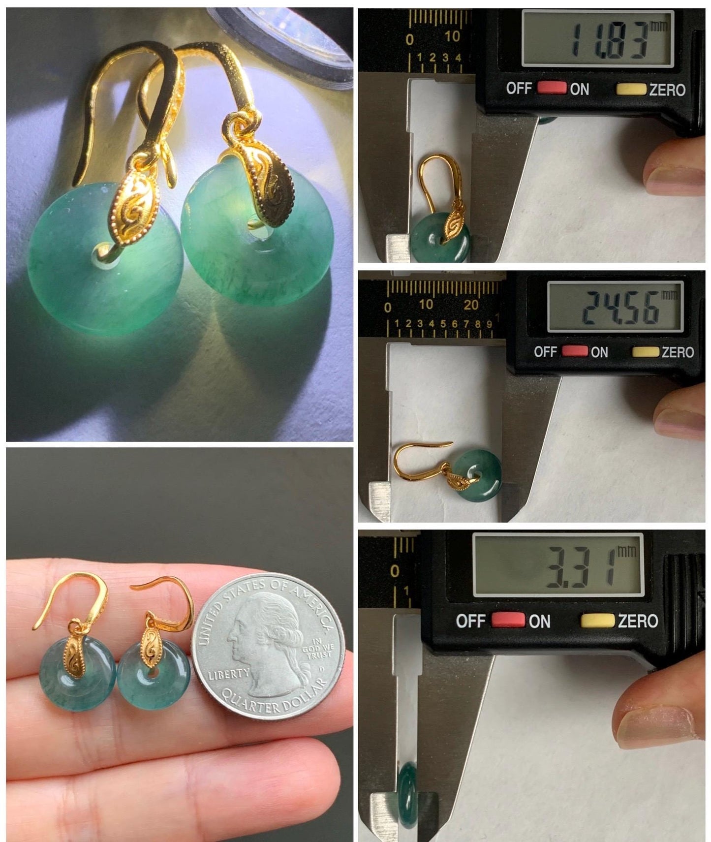 Natural Grade A Guatemalan Icy Translucent Teal Green Jade Jadeite Ping An Kou Donut Dangle Earrings Sterling Silver 天然冰危深蓝绿翡翠平安扣耳钩 LRK-B