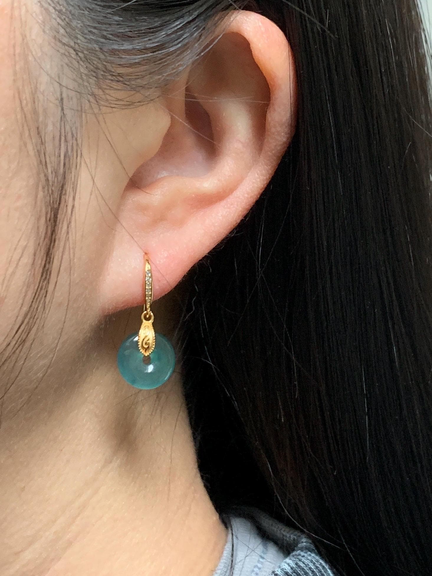 Natural Grade A Guatemalan Icy Translucent Teal Green Jade Jadeite Ping An Kou Donut Dangle Earrings Sterling Silver 天然冰危深蓝绿翡翠平安扣耳钩 LRK-B