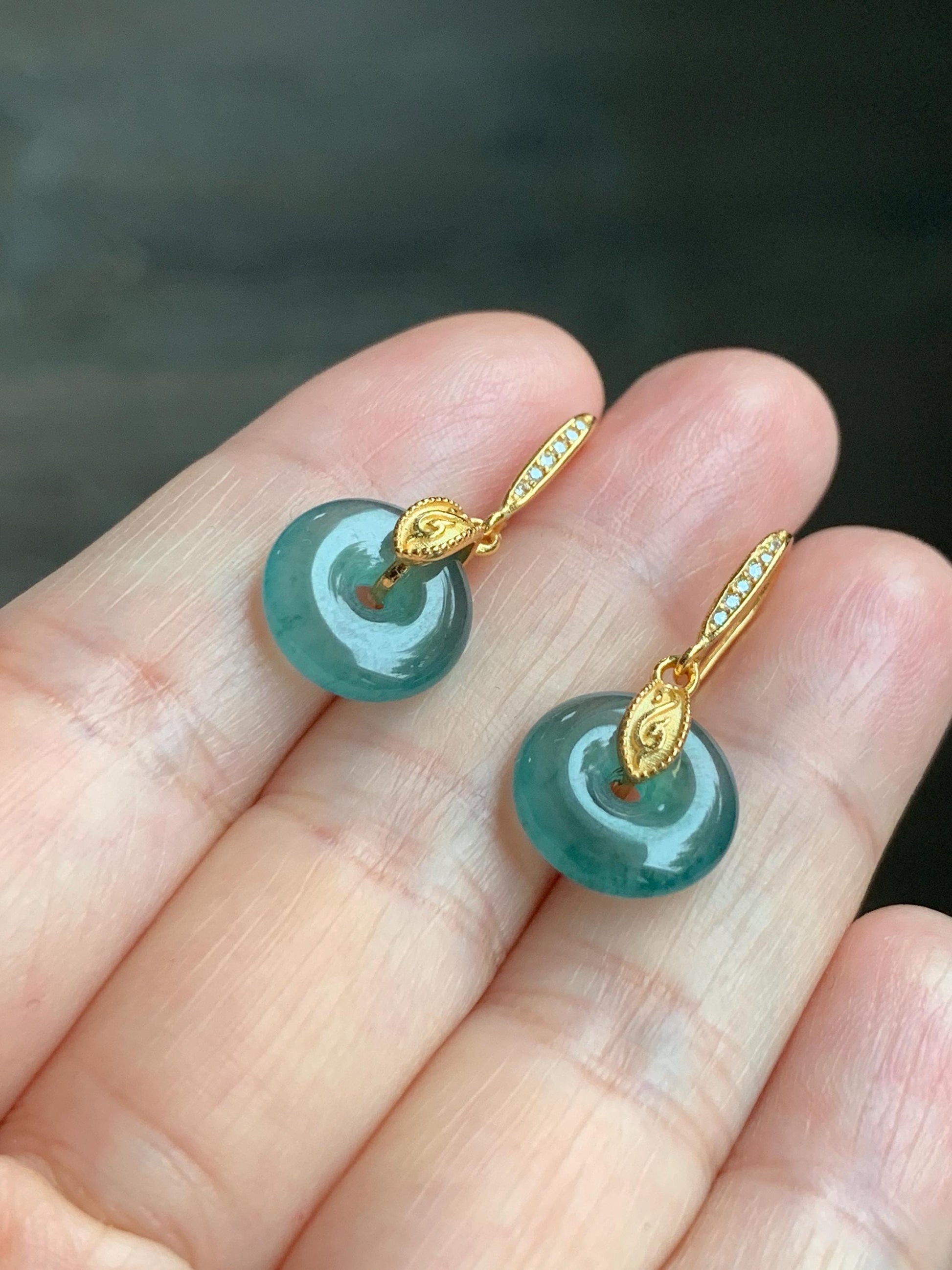 Natural Grade A Guatemalan Icy Translucent Teal Green Jade Jadeite Ping An Kou Donut Dangle Earrings Sterling Silver 天然冰危深蓝绿翡翠平安扣耳钩 LRK-B