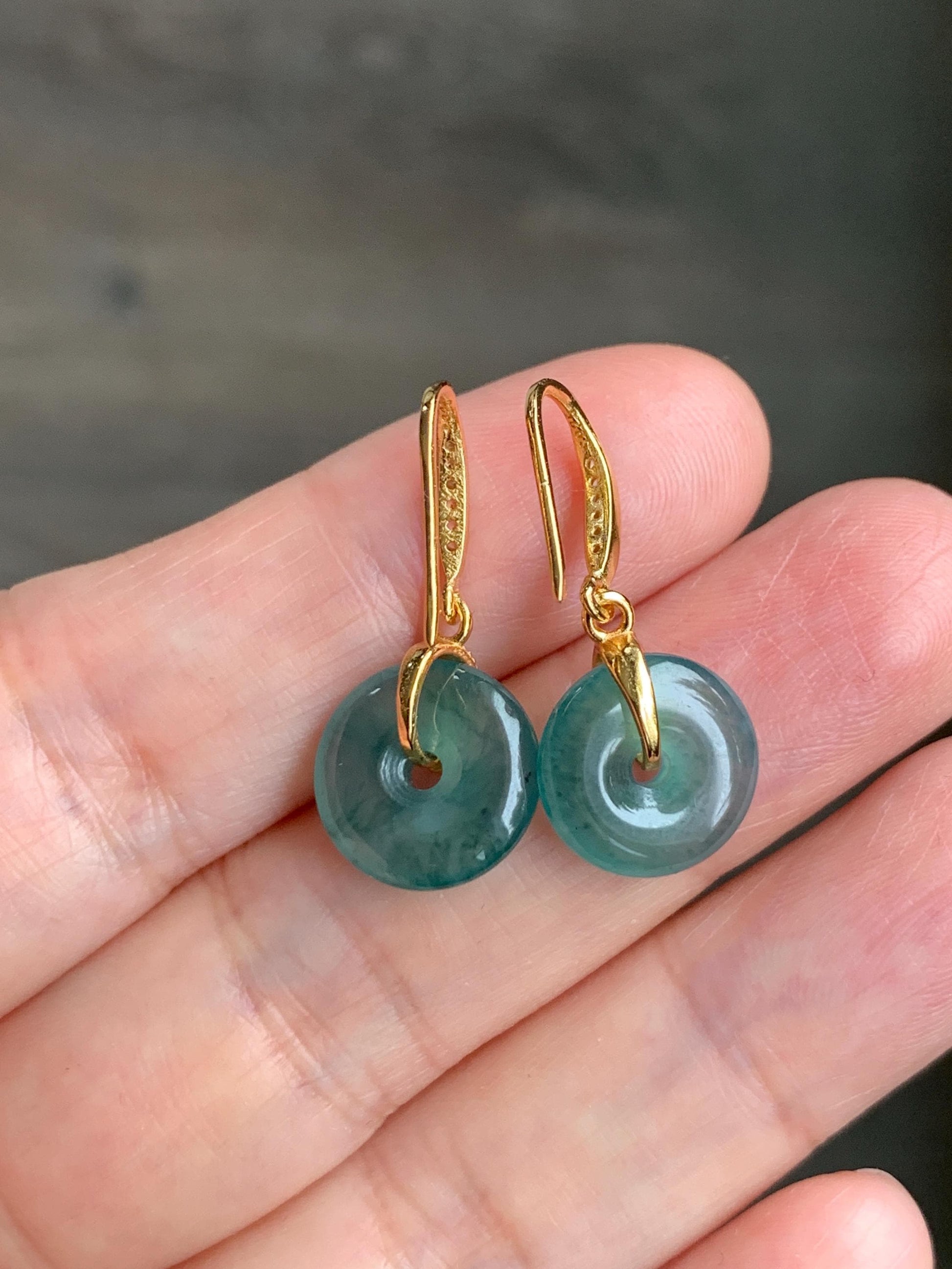 Natural Grade A Guatemalan Icy Translucent Teal Green Jade Jadeite Ping An Kou Donut Dangle Earrings Sterling Silver 天然冰危深蓝绿翡翠平安扣耳钩 LRK-B