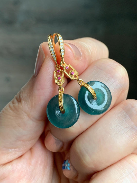 Natural Grade A Guatemalan Icy Translucent Teal Blue Jade Jadeite Ping An Kou Donut Dangle Earrings Sterling Silver 天然冰危深蓝翡翠平安扣耳钩 LRK-C