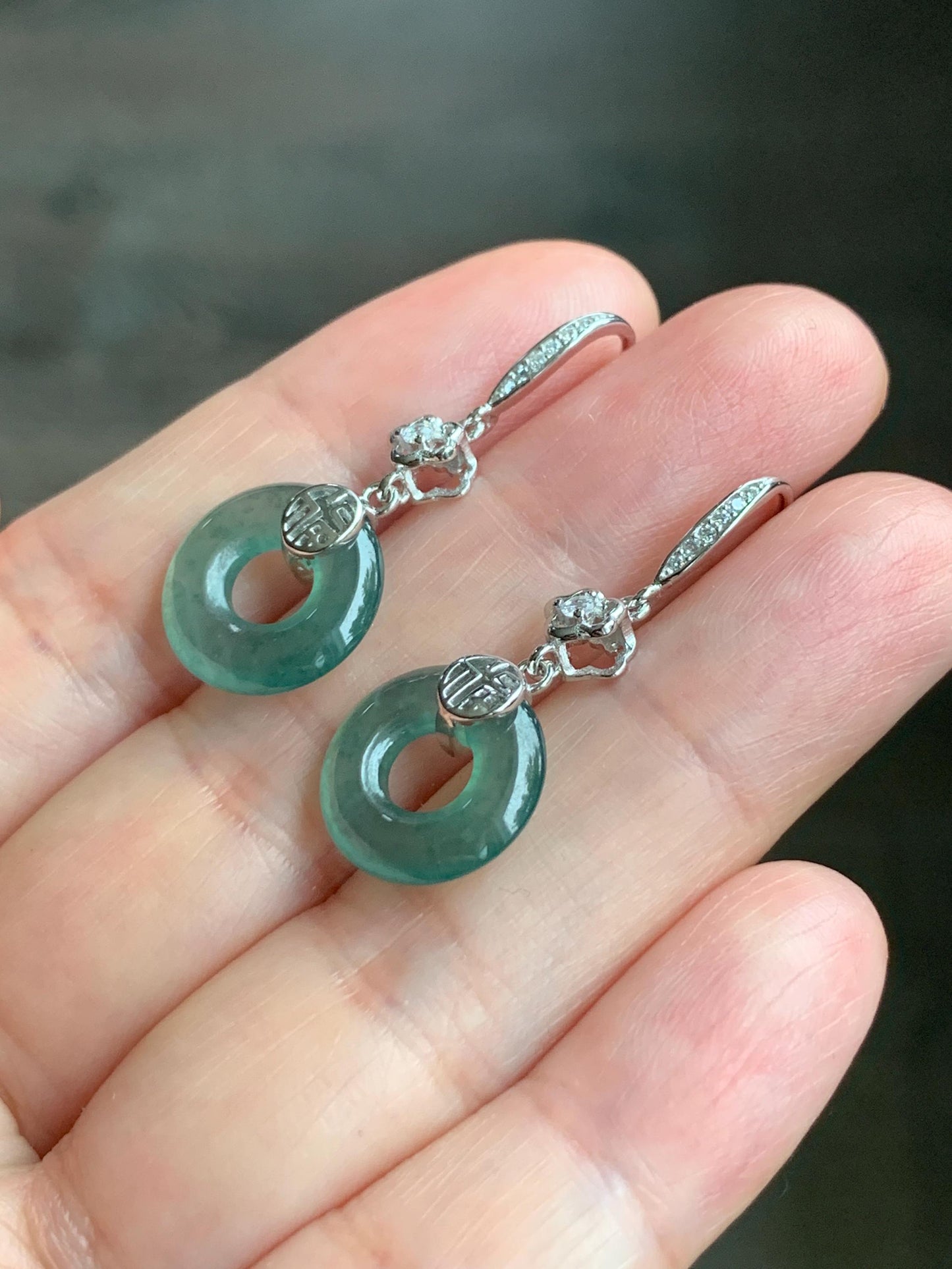 Natural Grade A Guatemalan Icy Translucent Teal Green Jade Jadeite Ping An Kou Donut Dangle Earrings Sterling Silver 天然冰危深蓝绿翡翠平安扣耳钩 LRK-D