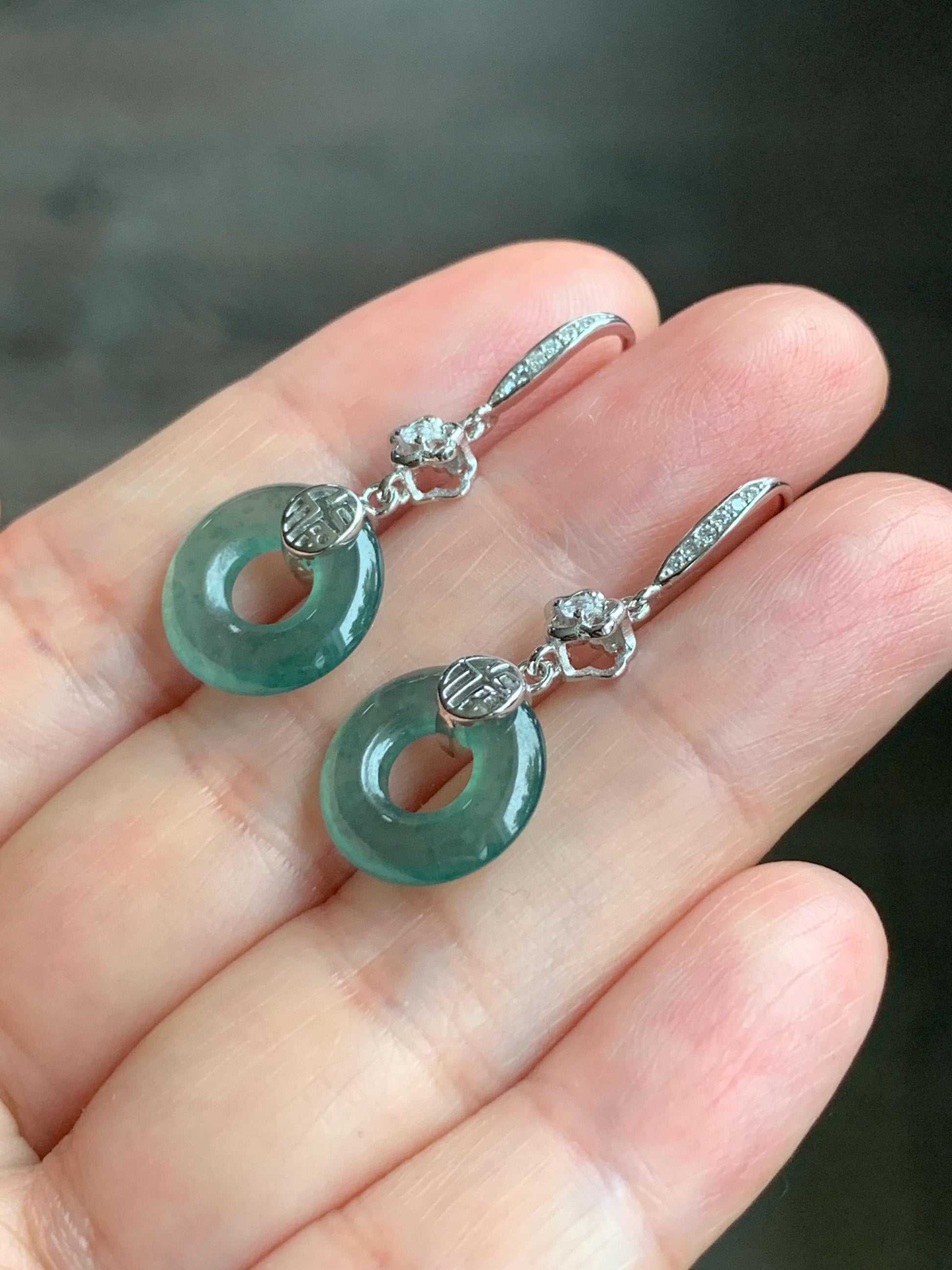Natural Grade A Guatemalan Icy Translucent Teal Green Jade Jadeite Ping An Kou Donut Dangle Earrings Sterling Silver 天然冰危深蓝绿翡翠平安扣耳钩 LRK-D