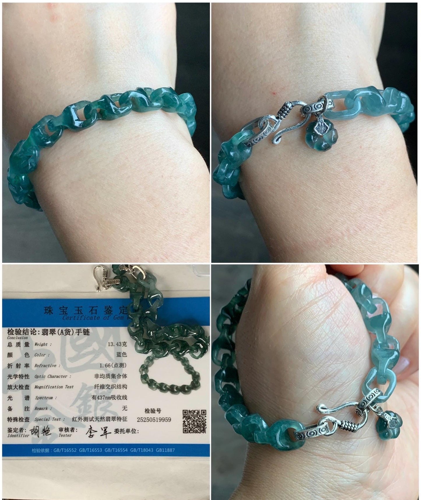 Certified Natural Guatemalan Icy Translucent Jadeite Carved Interlocking Dragon Bone Link Bracelet Sterling Silver 7.25” 天然冰胶危起光翡翠龙骨链手链 9959