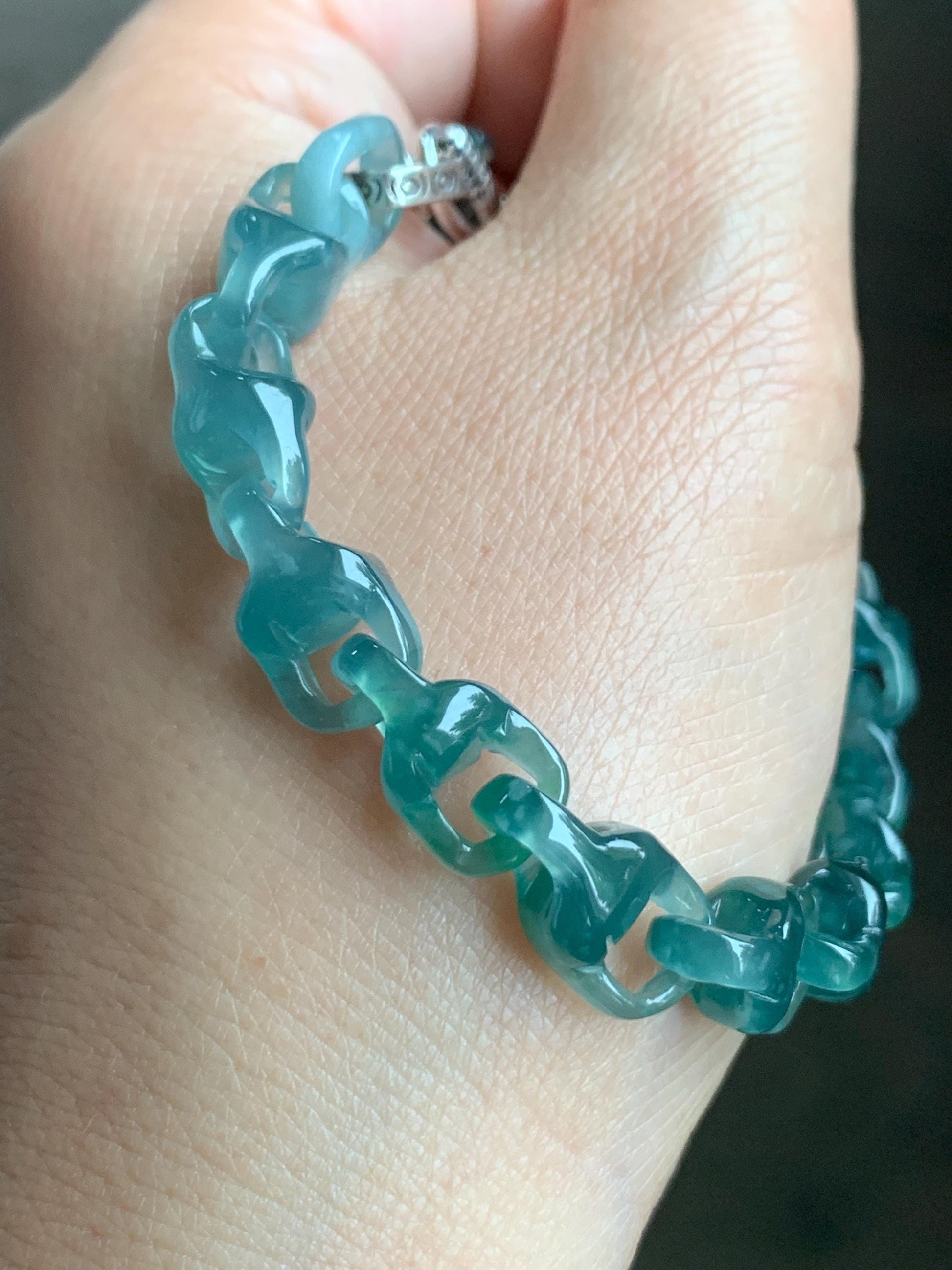 Certified Natural Guatemalan Icy Translucent Jadeite Carved Interlocking Dragon Bone Link Bracelet Sterling Silver 7.25” 天然冰胶危起光翡翠龙骨链手链 9959