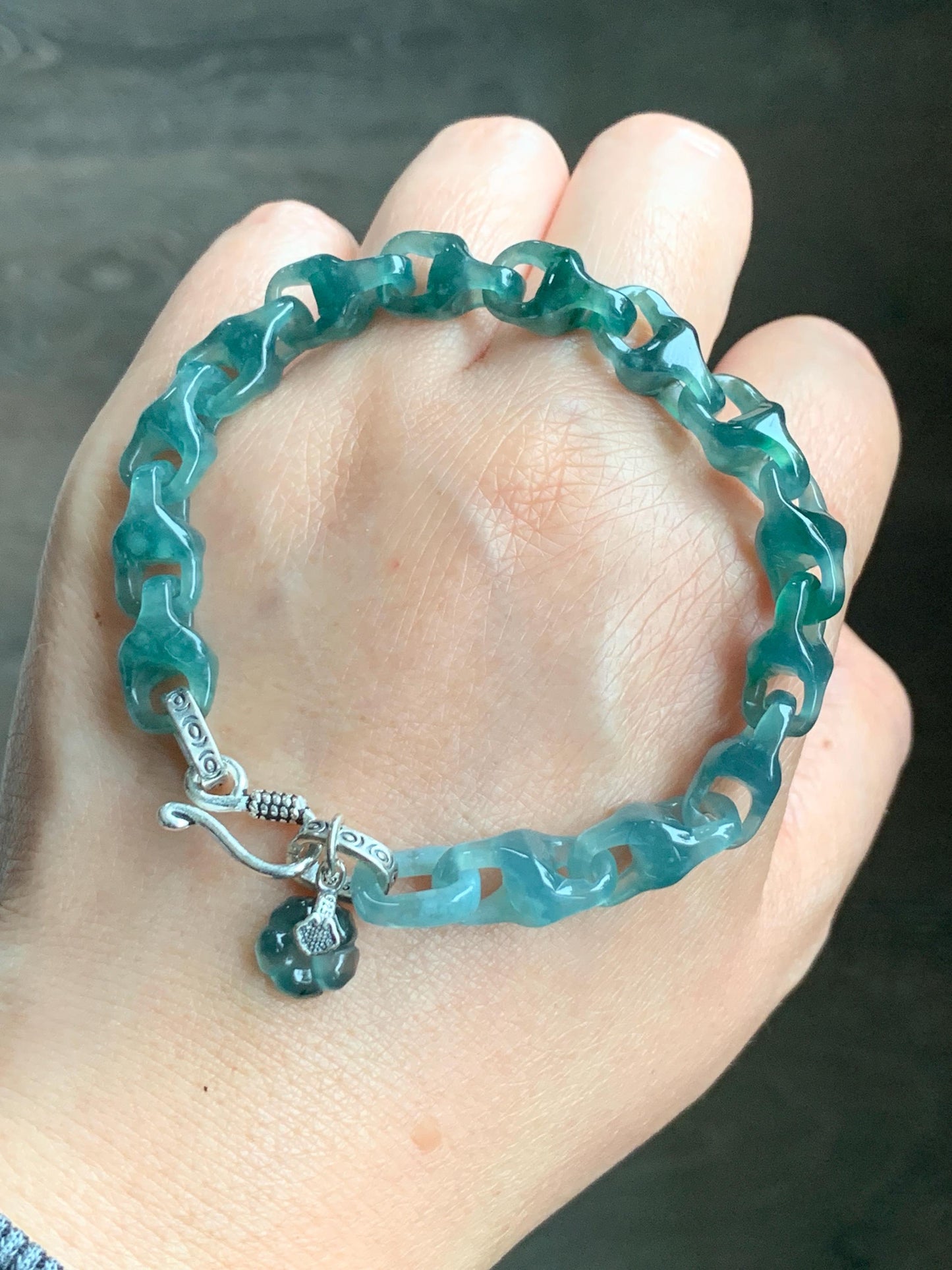 Certified Natural Guatemalan Icy Translucent Jadeite Carved Interlocking Dragon Bone Link Bracelet Sterling Silver 7.25” 天然冰胶危起光翡翠龙骨链手链 9959