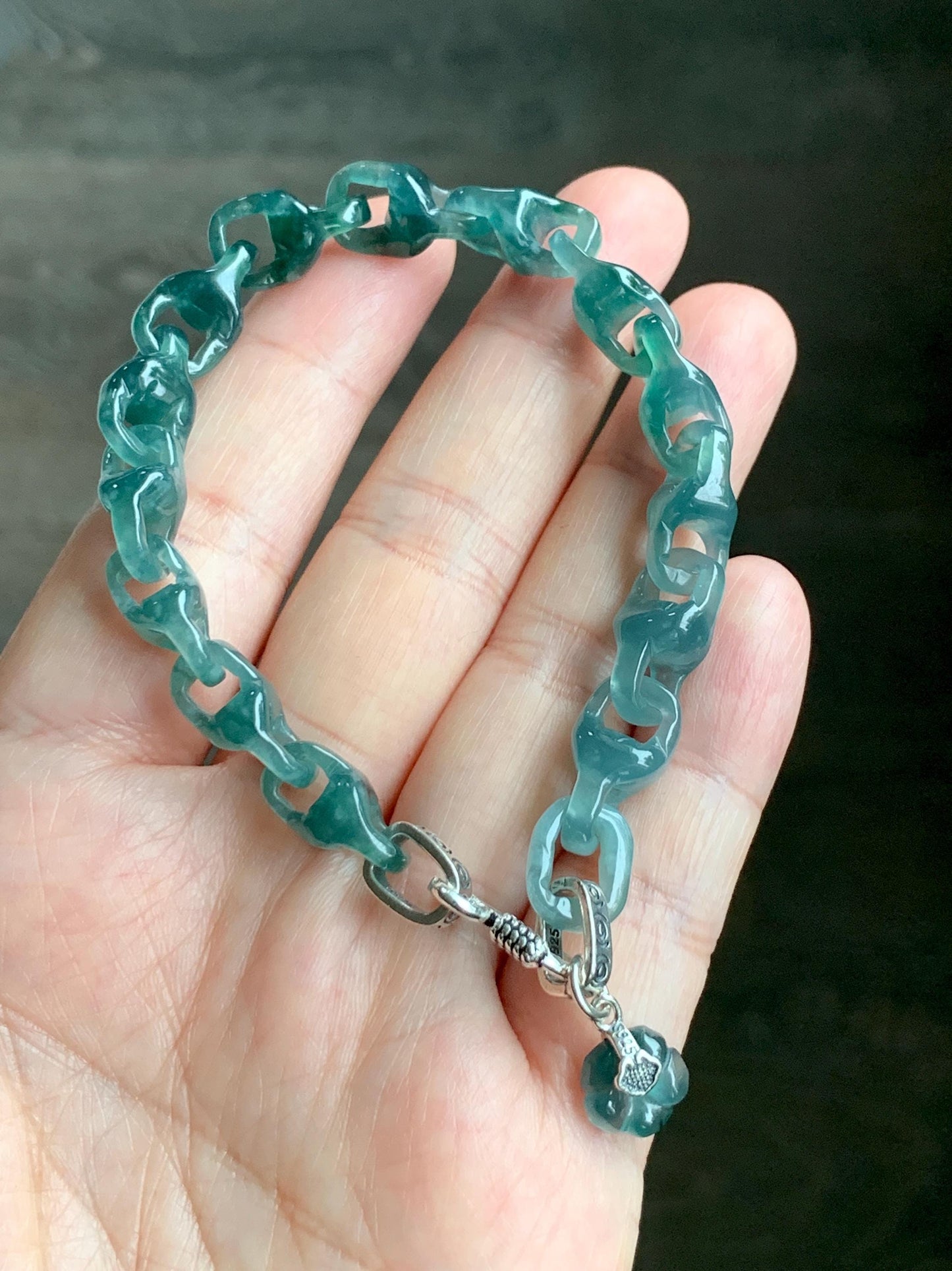 Certified Natural Guatemalan Icy Translucent Jadeite Carved Interlocking Dragon Bone Link Bracelet Sterling Silver 7.25” 天然冰胶危起光翡翠龙骨链手链 9959