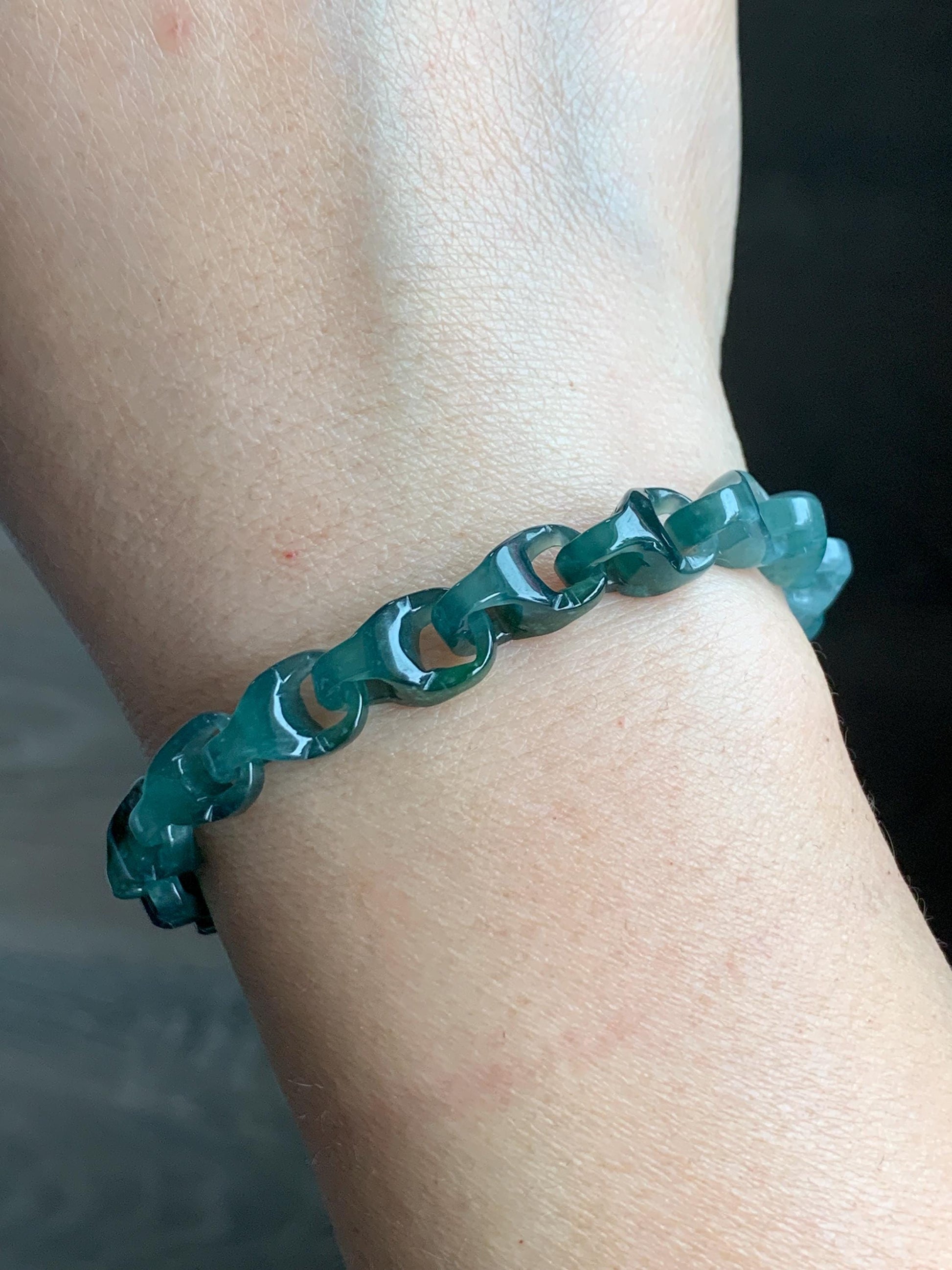 Certified Natural Guatemalan Icy Translucent Jadeite Carved Interlocking Dragon Bone Link Bracelet Sterling Silver 7.5” 天然冰胶危起光翡翠龙骨链手链 9960