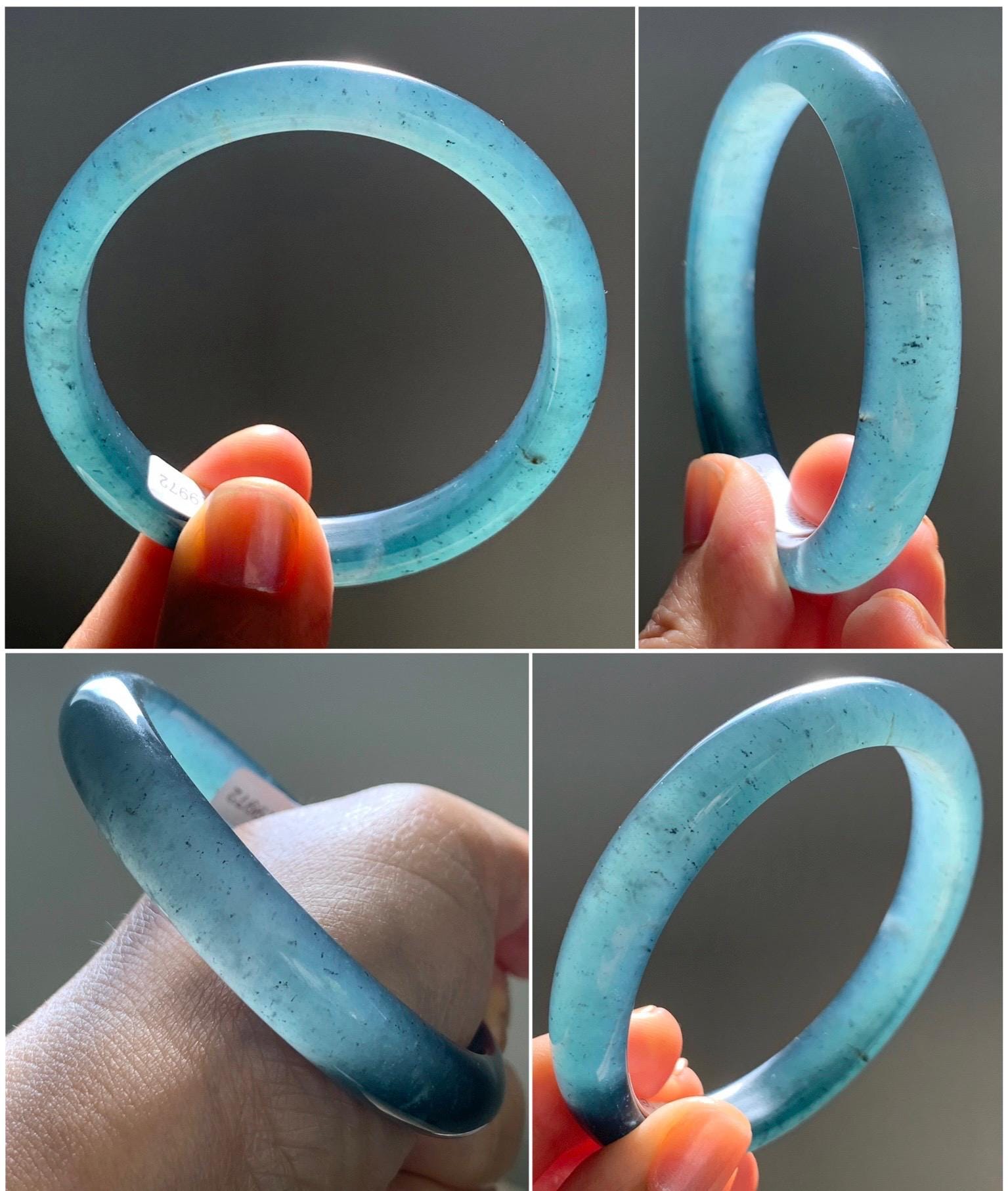Certified Natural Grade A Guatemalan Icy Translucent Gelatinous Dusty Teal Blue Jadeite Bangle Bracelet 55.7mm 37.7g 天然老种冰胶危蓝绿翡翠正圈手镯 9972
