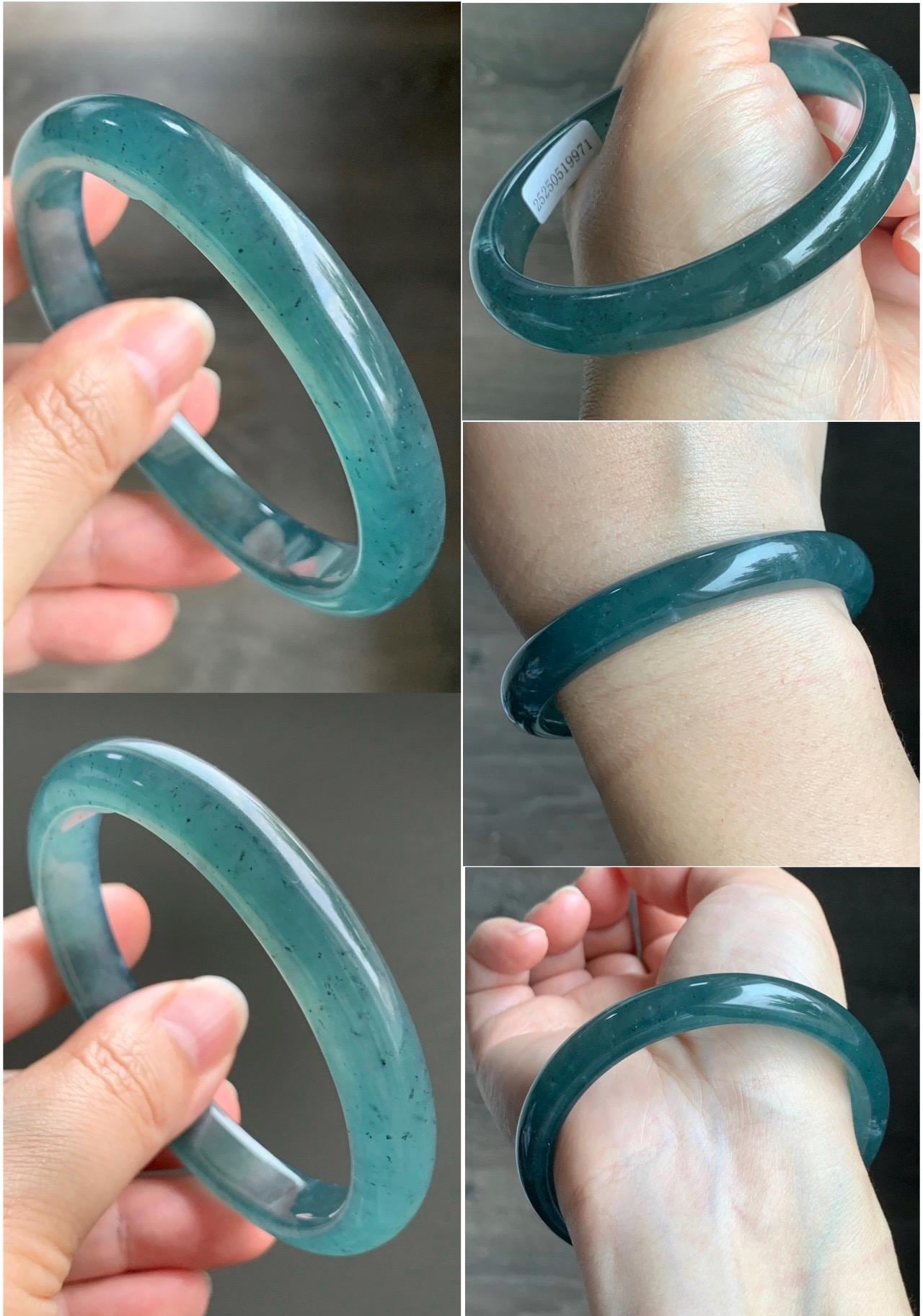 Certified Natural Grade A Guatemalan Icy Translucent Gelatinous Dusty Teal Blue Jadeite Bangle Bracelet 59.6mm 40.29g 天然老种冰胶危蓝绿翡翠正圈手镯 9971
