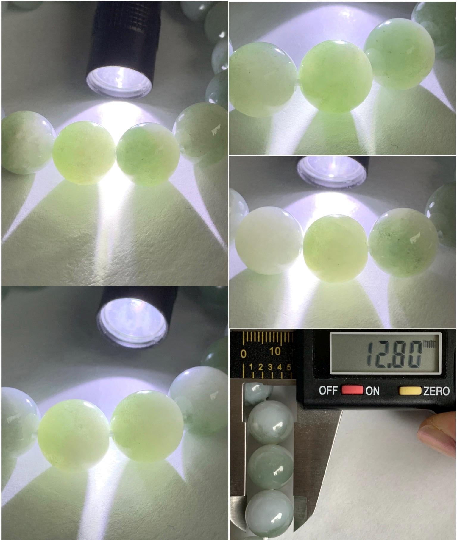 Large Natural Grade A Icy Translucent Bicolored Jadeite Round Beads Mala Beaded Bracelet Stretchy 12.8mm 8” 62g 天然冰白加淡橄榄绿鸳鸯翡翠手串 BSB300