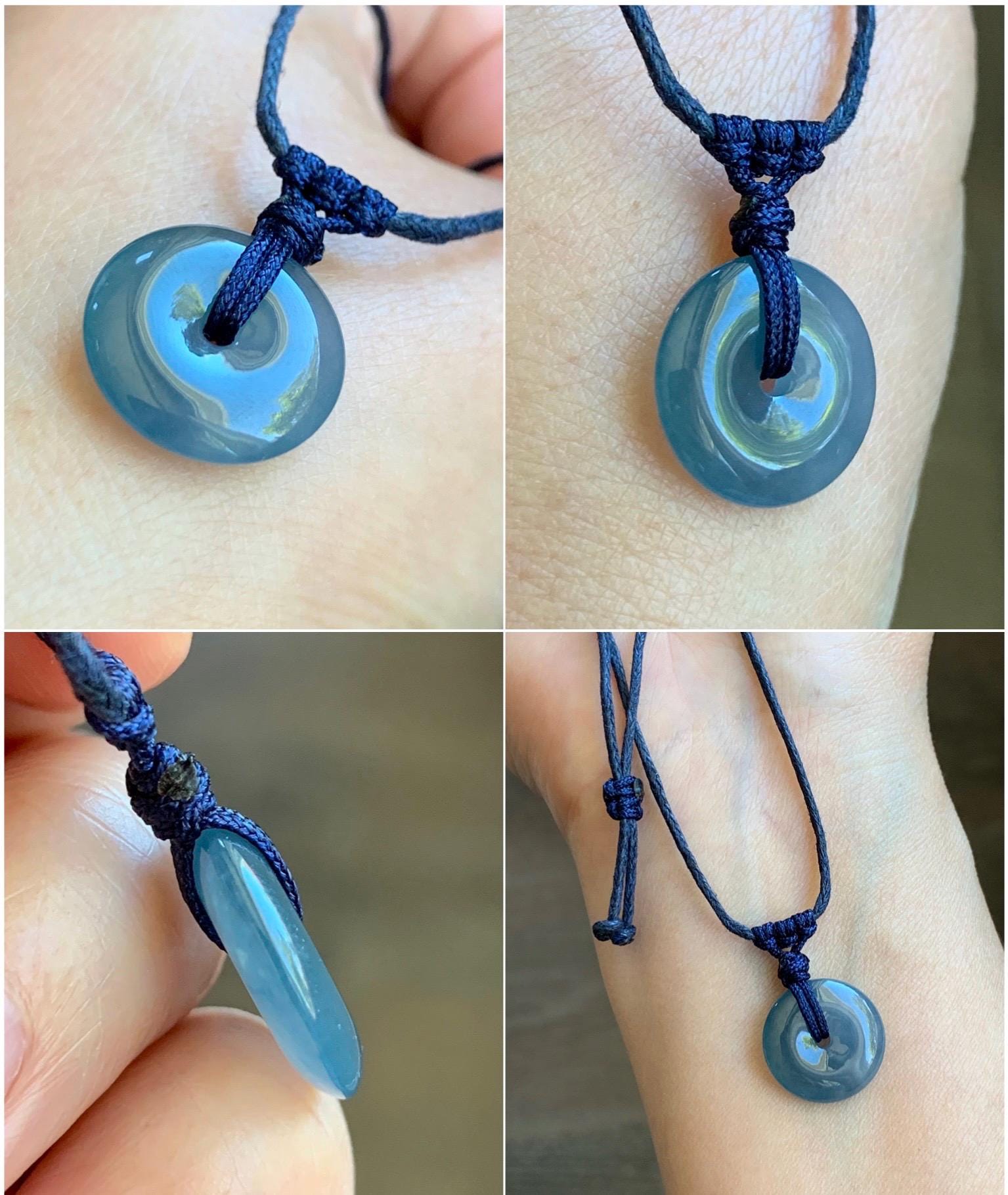 Natural Guatemalan Icy Translucent Gelatinous Aegean Blue Jadeite Mini Ping An Kou Donut Pendant Rope Necklace 25” 2g 天然冰胶危蓝牛仔蓝翡翠迷你平安扣吊坠 MA