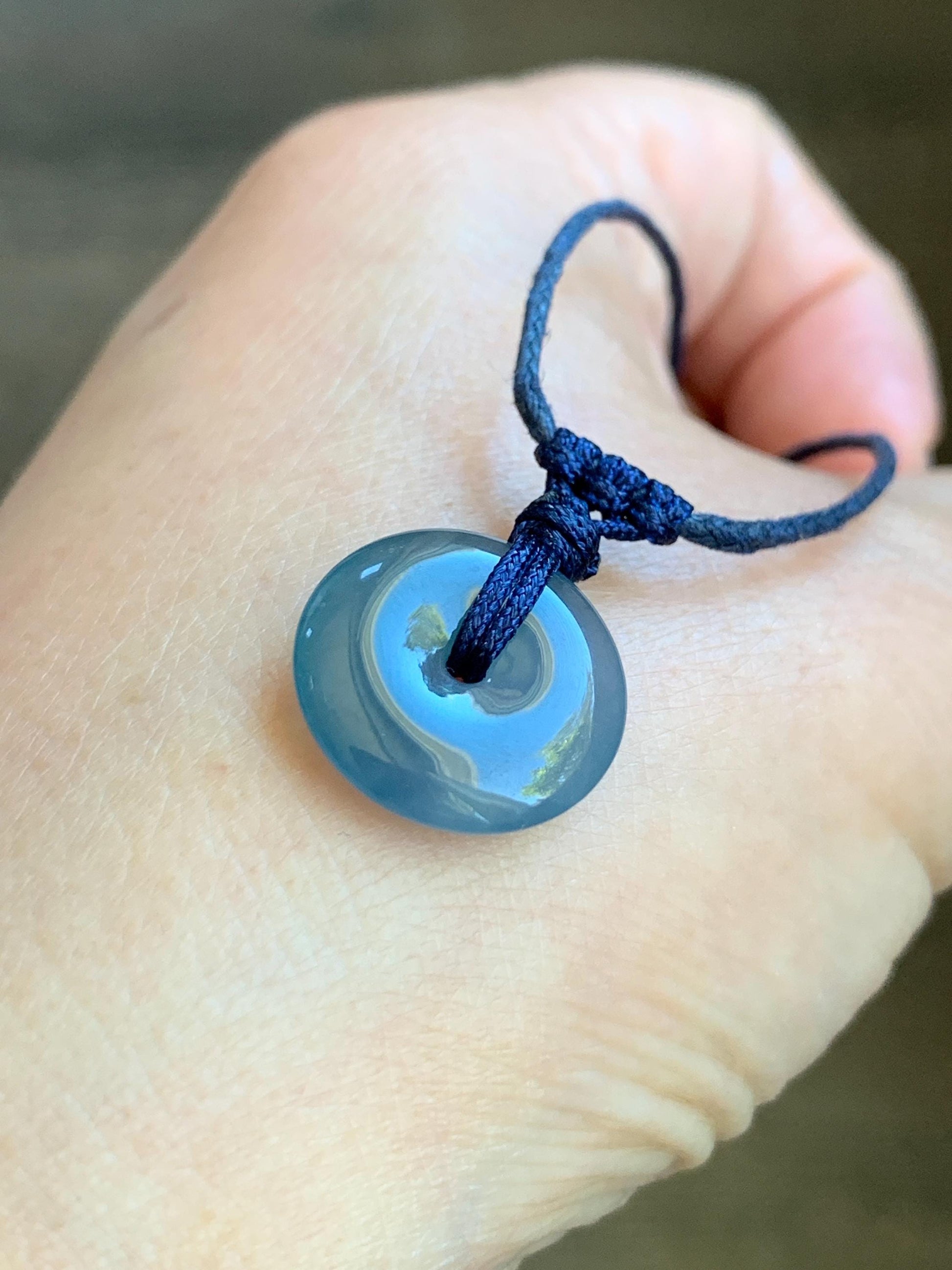 Natural Guatemalan Icy Translucent Gelatinous Aegean Blue Jadeite Mini Ping An Kou Donut Pendant Rope Necklace 25” 2g 天然冰胶危蓝牛仔蓝翡翠迷你平安扣吊坠 MA