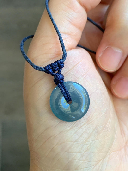 Natural Guatemalan Icy Translucent Gelatinous Aegean Blue Jadeite Mini Ping An Kou Donut Pendant Rope Necklace 25” 2g 天然冰胶危蓝牛仔蓝翡翠迷你平安扣吊坠 MA