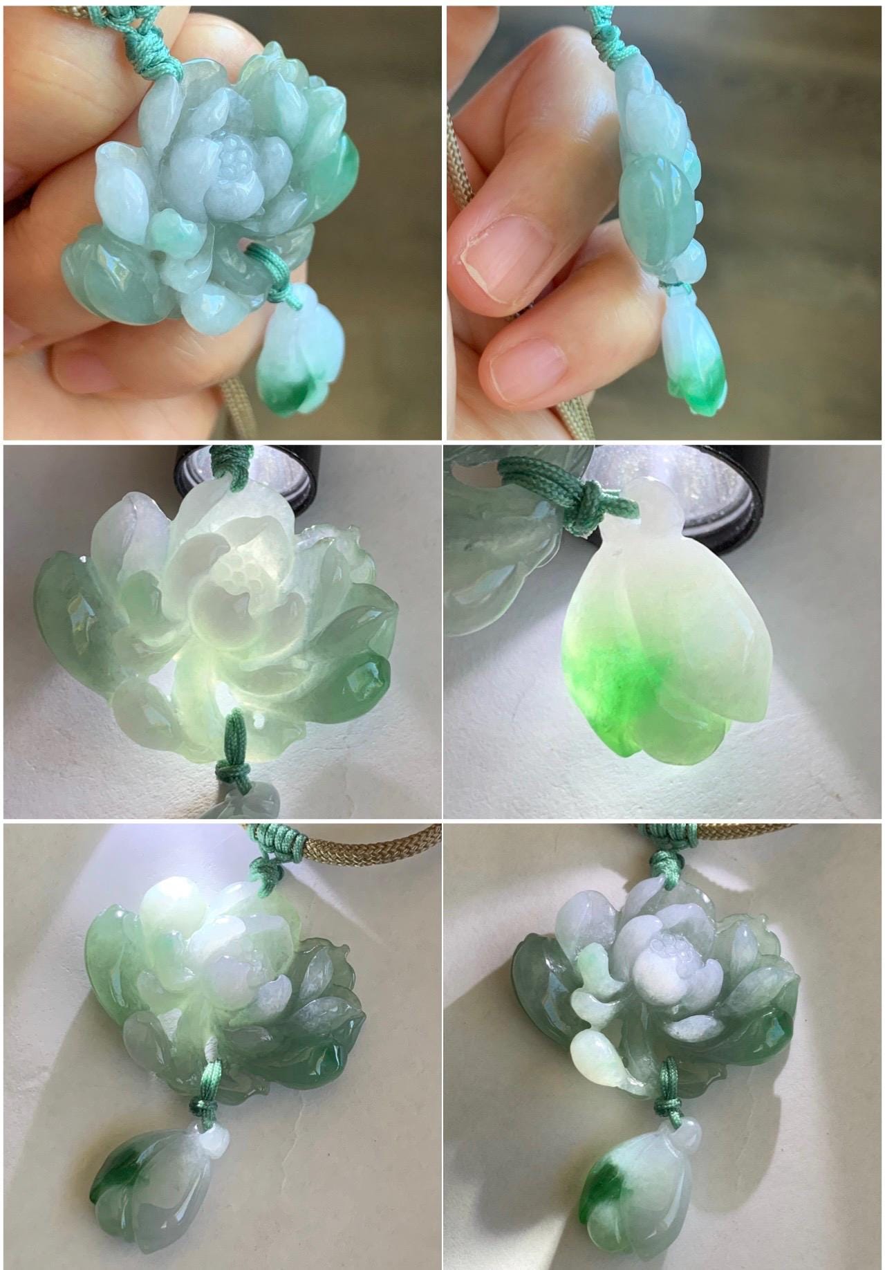 Certified Natural Grade A Icy Translucent Bicolored Jadeite Lotus Flower Pendant Rope Necklace Adjustable 26” 12.7g 天然冰晴淡紫双色翡翠莲花花苞吊坠挂件 1510