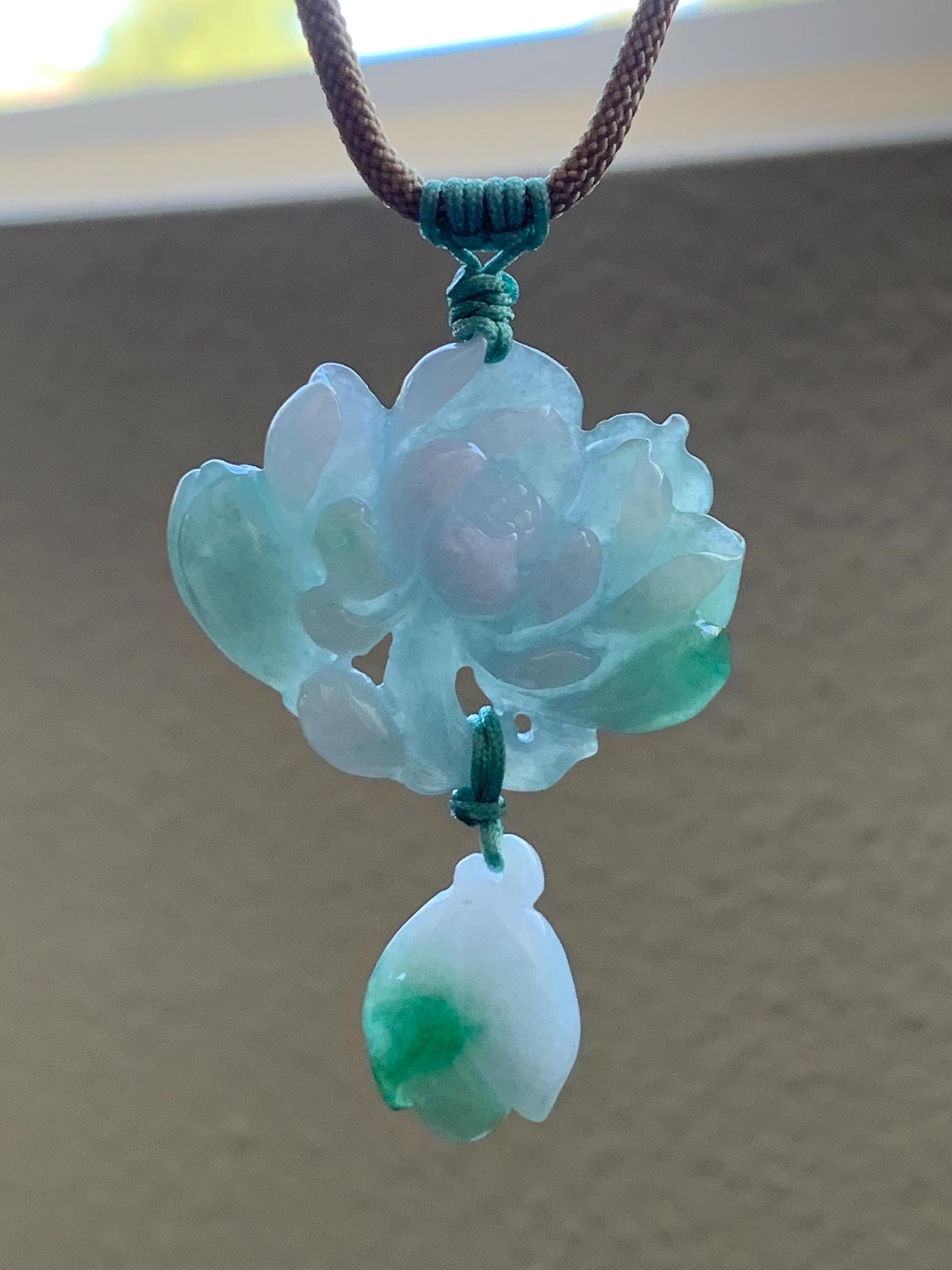 Certified Natural Grade A Icy Translucent Bicolored Jadeite Lotus Flower Pendant Rope Necklace Adjustable 26” 12.7g 天然冰晴淡紫双色翡翠莲花花苞吊坠挂件 1510