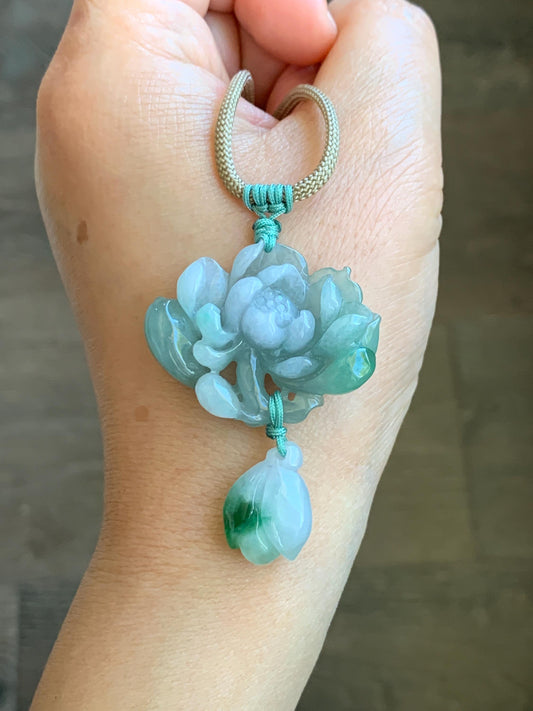 Certified Natural Grade A Icy Translucent Bicolored Jadeite Lotus Flower Pendant Rope Necklace Adjustable 26” 12.7g 天然冰晴淡紫双色翡翠莲花花苞吊坠挂件 1510