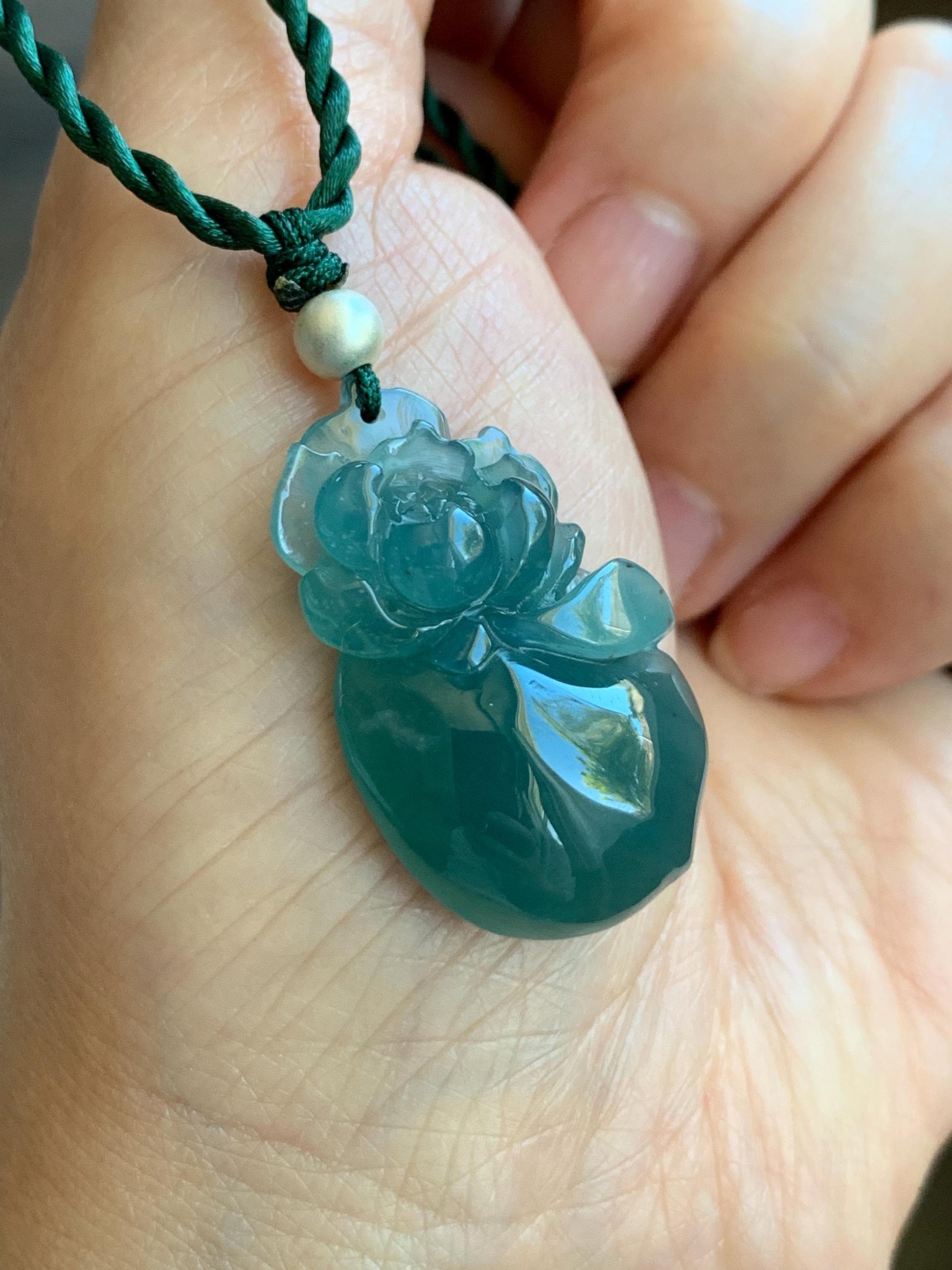 Natural Guatemalan Icy Translucent Gelatinous Teal Blue Jadeite Lotus Flower Lucky Peach Pendant Rope Necklace 18” 天然冰胶危蓝绿翡翠莲花福桃吊坠 LHT180