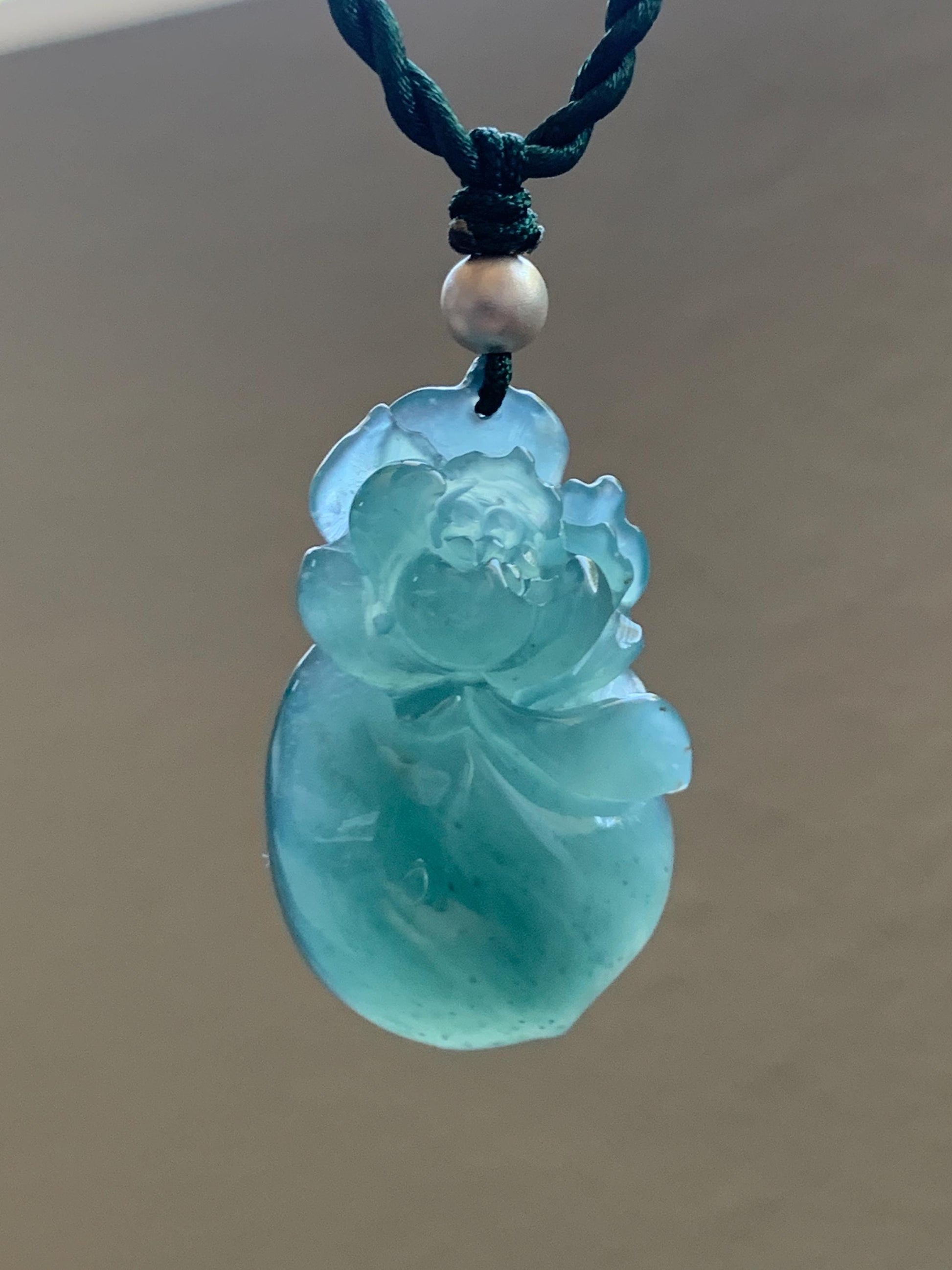 Natural Guatemalan Icy Translucent Gelatinous Teal Blue Jadeite Lotus Flower Lucky Peach Pendant Rope Necklace 18” 天然冰胶危蓝绿翡翠莲花福桃吊坠 LHT180