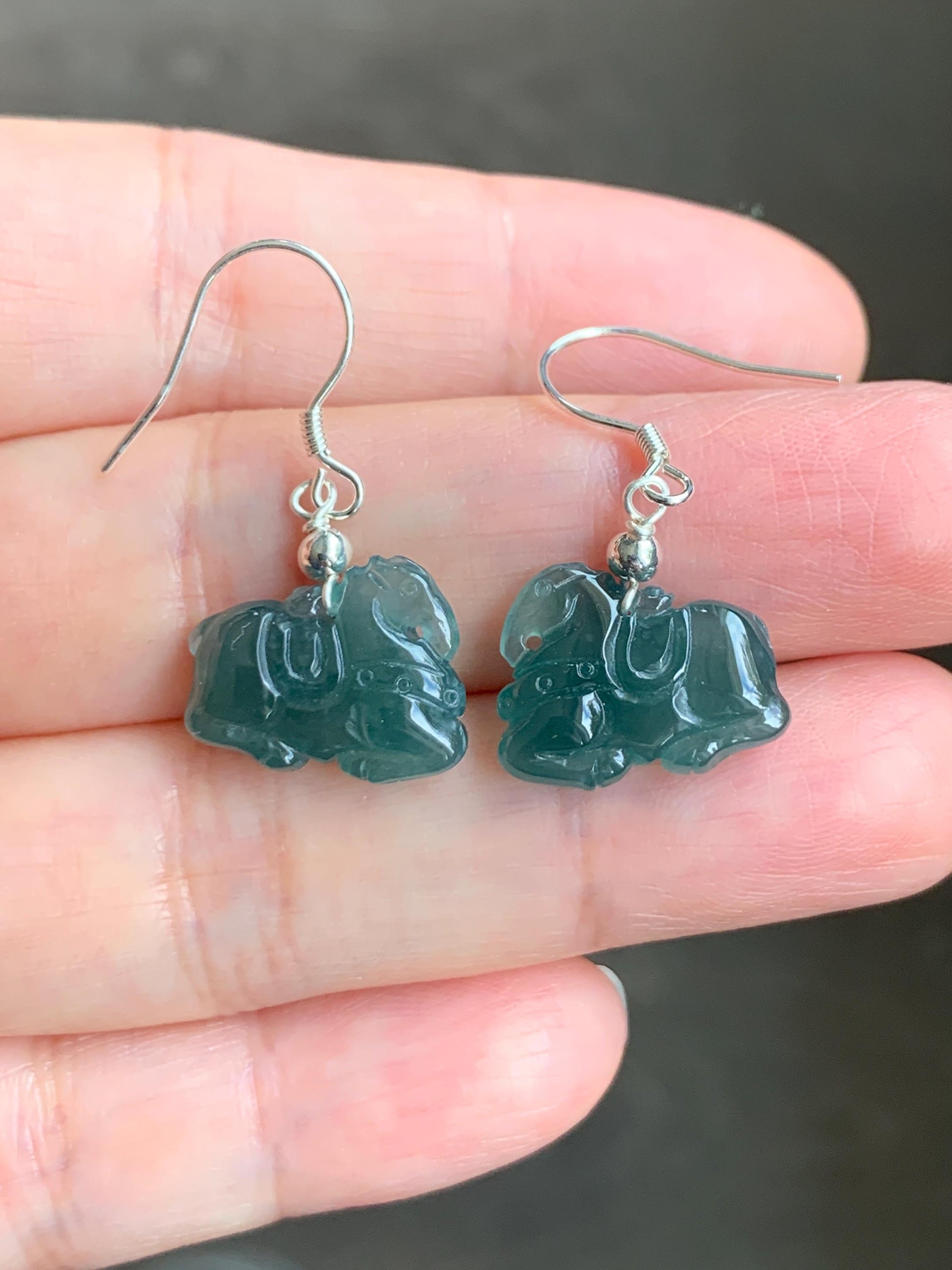 Natural Guatemalan Grade A Icy Highly Translucent Dark Teal Blue Jadeite Carved Tang Horse Dangle Earrings Sterling Silver 天然冰危蓝翡翠小唐马银耳钩 TM2