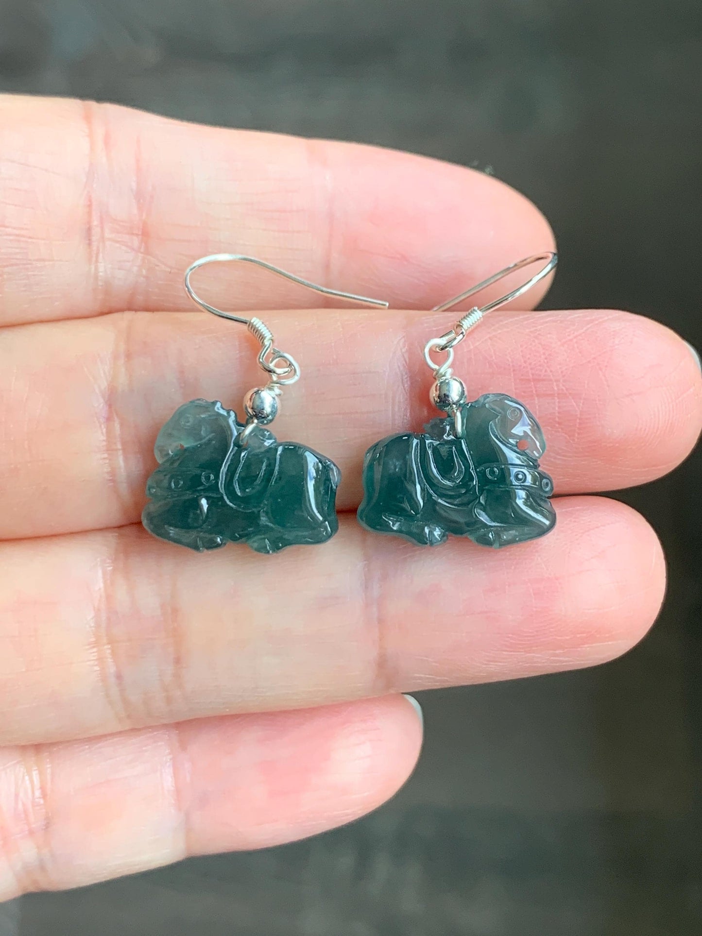 Natural Guatemalan Grade A Icy Highly Translucent Dark Teal Blue Jadeite Carved Tang Horse Dangle Earrings Sterling Silver 天然冰危蓝翡翠小唐马银耳钩 TM2