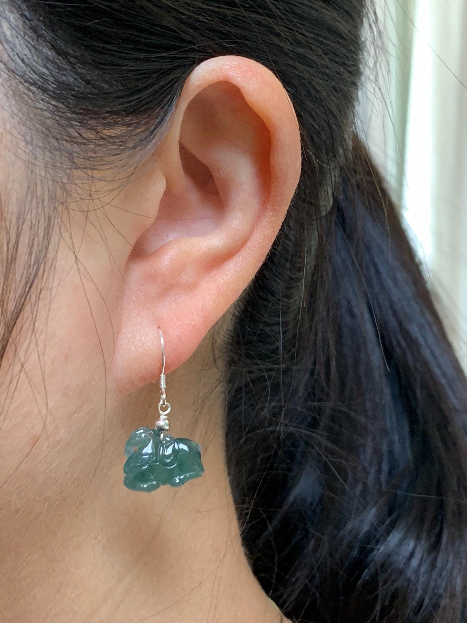 Natural Guatemalan Grade A Icy Highly Translucent Dark Teal Blue Jadeite Carved Tang Horse Dangle Earrings Sterling Silver 天然冰危蓝翡翠小唐马银耳钩 TM2