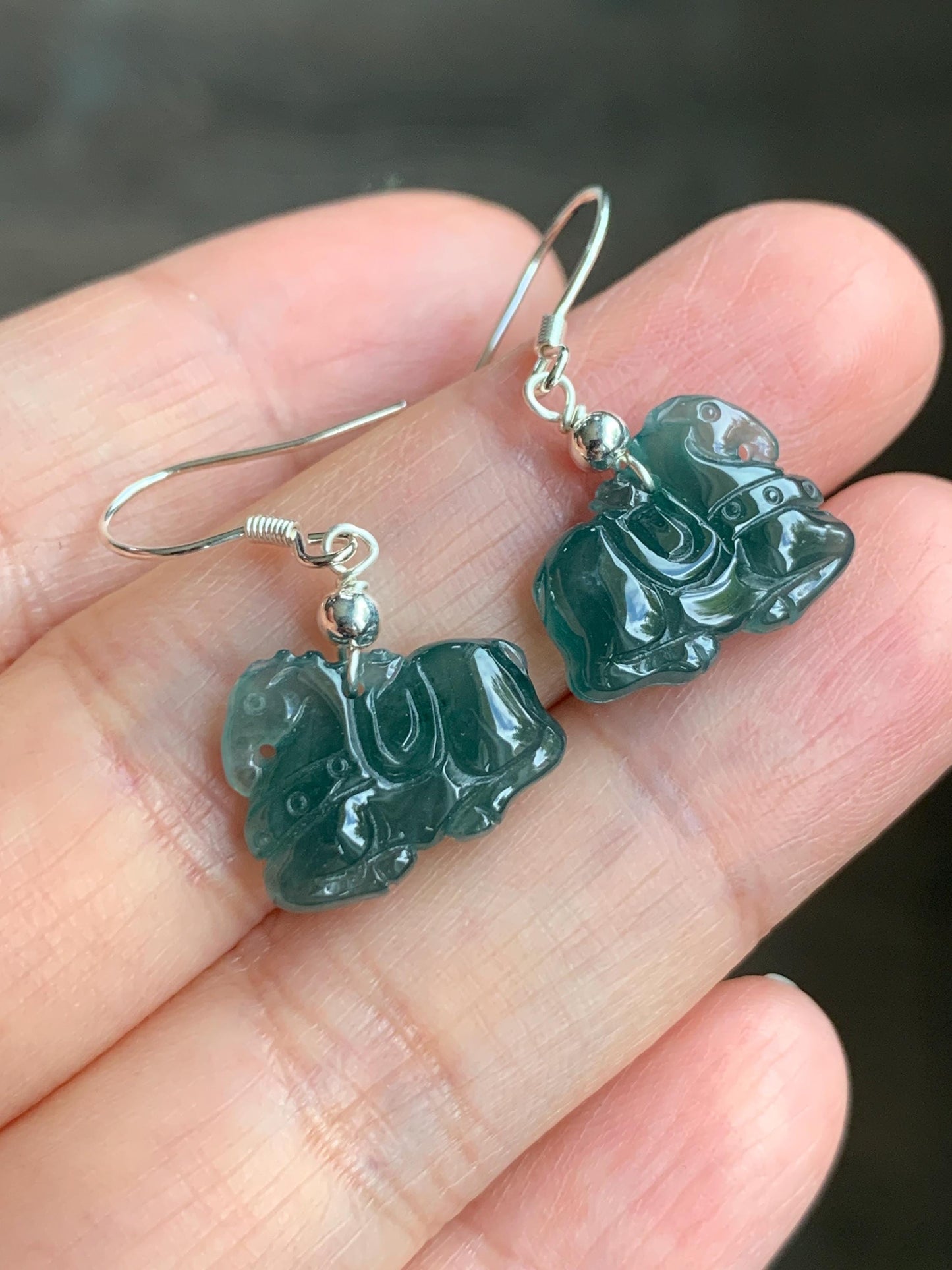 Natural Guatemalan Grade A Icy Highly Translucent Dark Teal Blue Jadeite Carved Tang Horse Dangle Earrings Sterling Silver 天然冰危蓝翡翠小唐马银耳钩 TM2