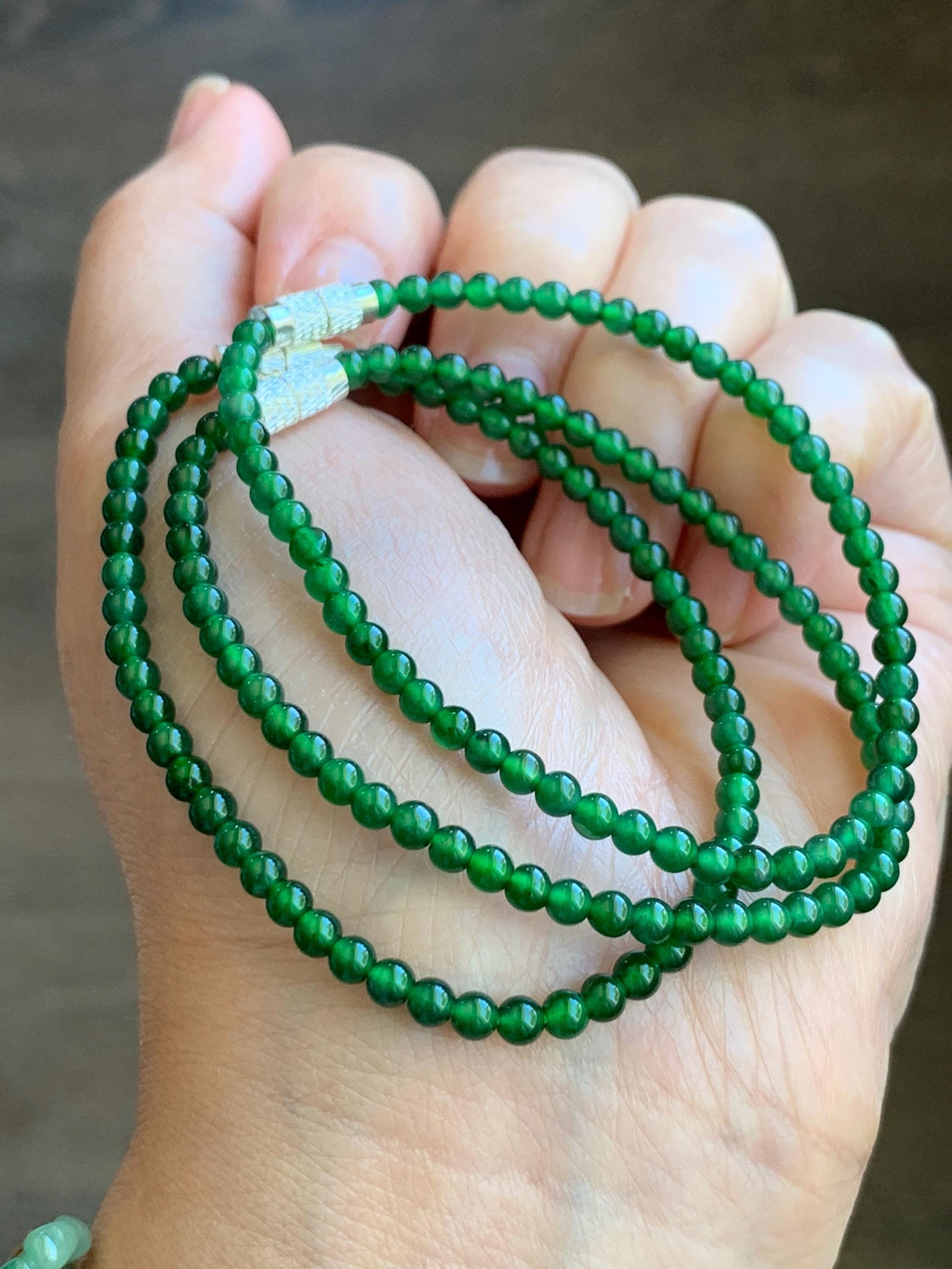 Natural Grade A Guatemalan Icy Highly Translucent Vibrant Green Jadeite Petite Beads Beaded Bracelet 6.75” 3.5mm 天然高冰危绿翡翠小卡圆珠手串 WLH630
