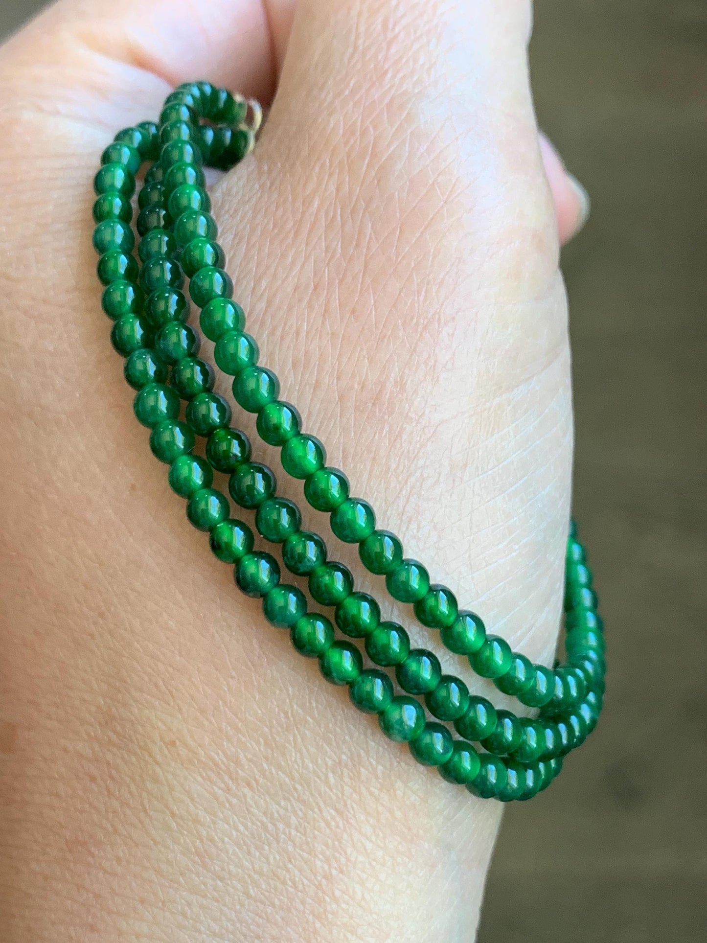 Natural Grade A Guatemalan Icy Highly Translucent Vibrant Green Jadeite Petite Beads Beaded Bracelet 6.75” 3.5mm 天然高冰危绿翡翠小卡圆珠手串 WLH630