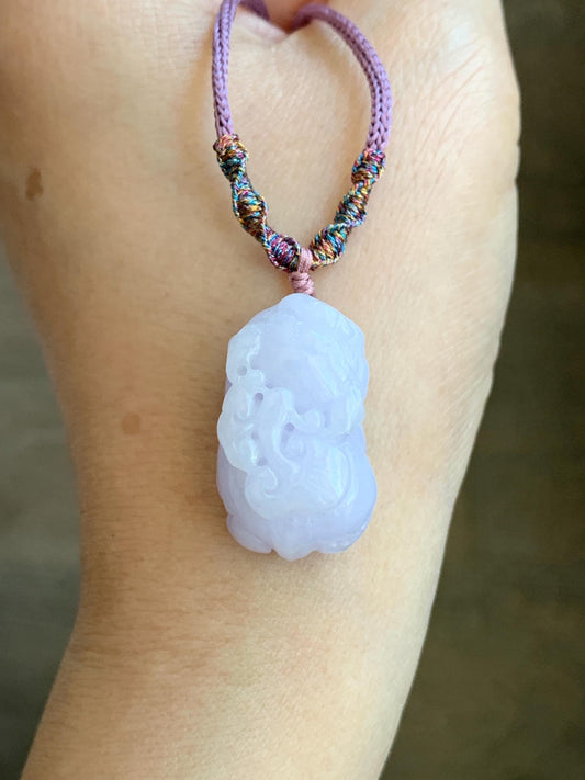 Certified Natural Grade A Icy Translucent Pastel Purple Jadeite Carved Pixiu Pendant Rope Necklace 26” Adjustable 天然糯冰淡紫翡翠含珠貔貅吊坠项链 1508