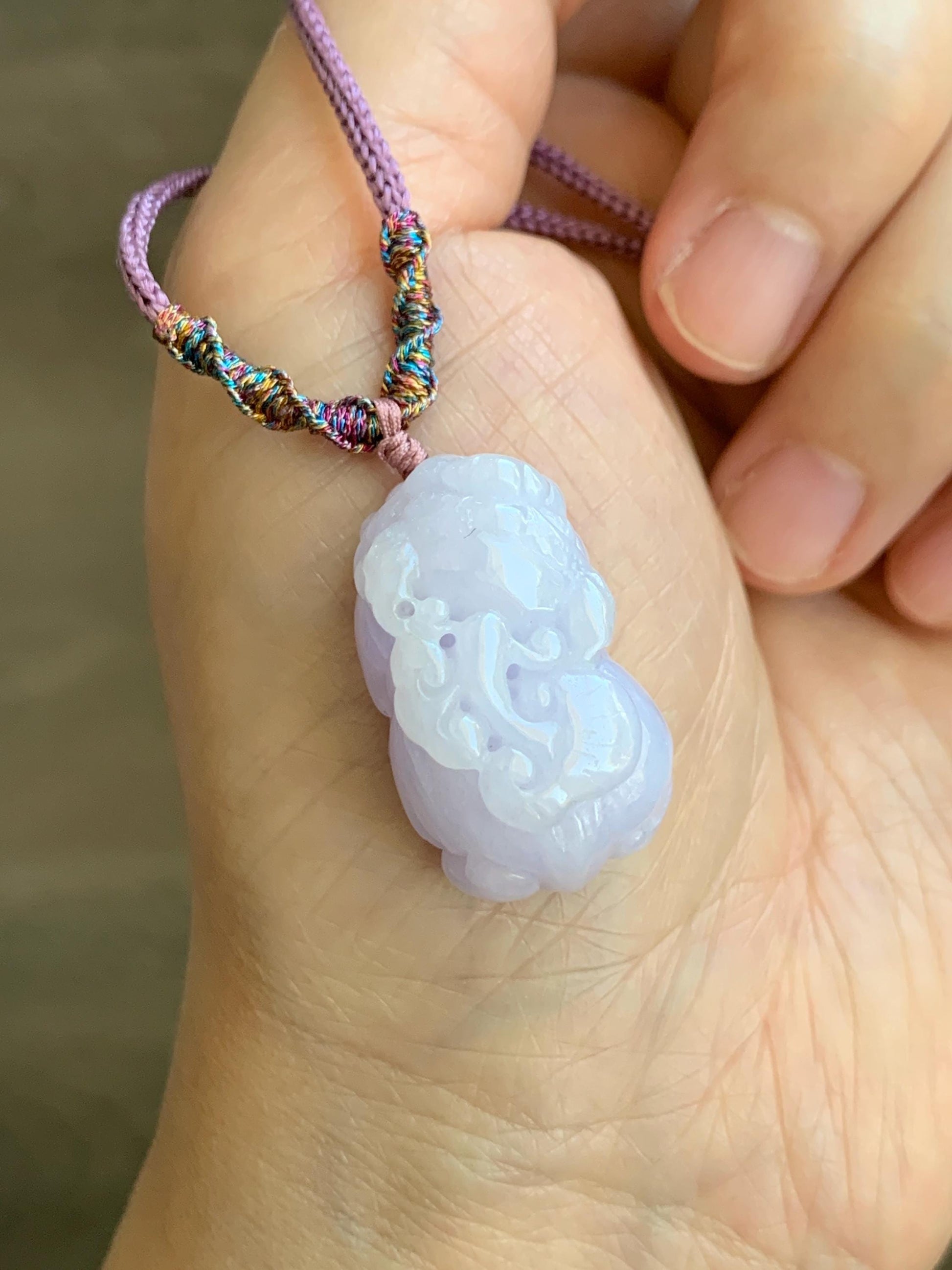 Certified Natural Grade A Icy Translucent Pastel Purple Jadeite Carved Pixiu Pendant Rope Necklace 26” Adjustable 天然糯冰淡紫翡翠含珠貔貅吊坠项链 1508