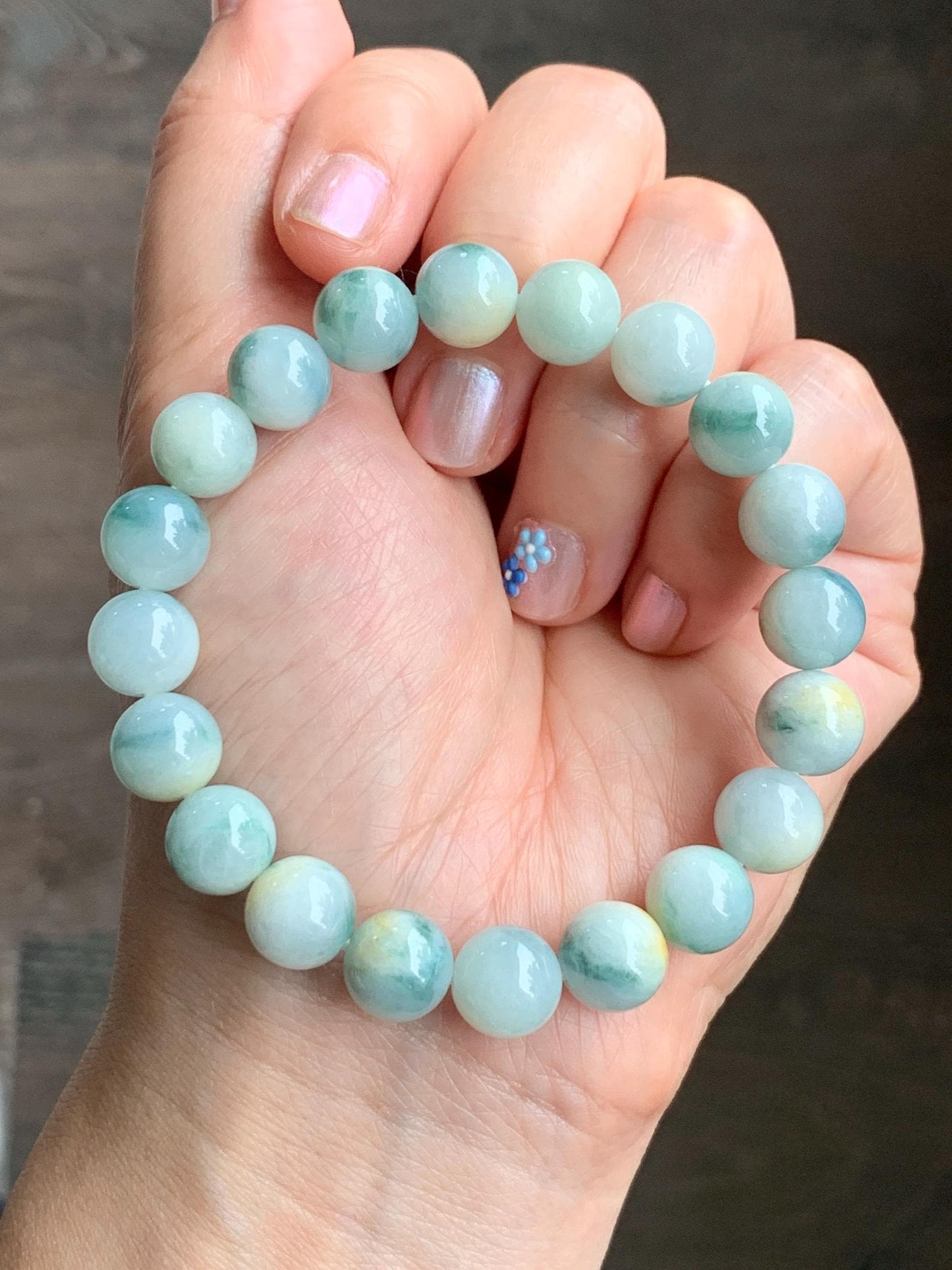 Natural Grade A Icy Translucent Teal Green & Yellow Marbled Tricolored Jade Jadeite Beaded Bracelet 10mm 7.25" 34g 天然糯冰三彩珠翡翠手串 SCZ220