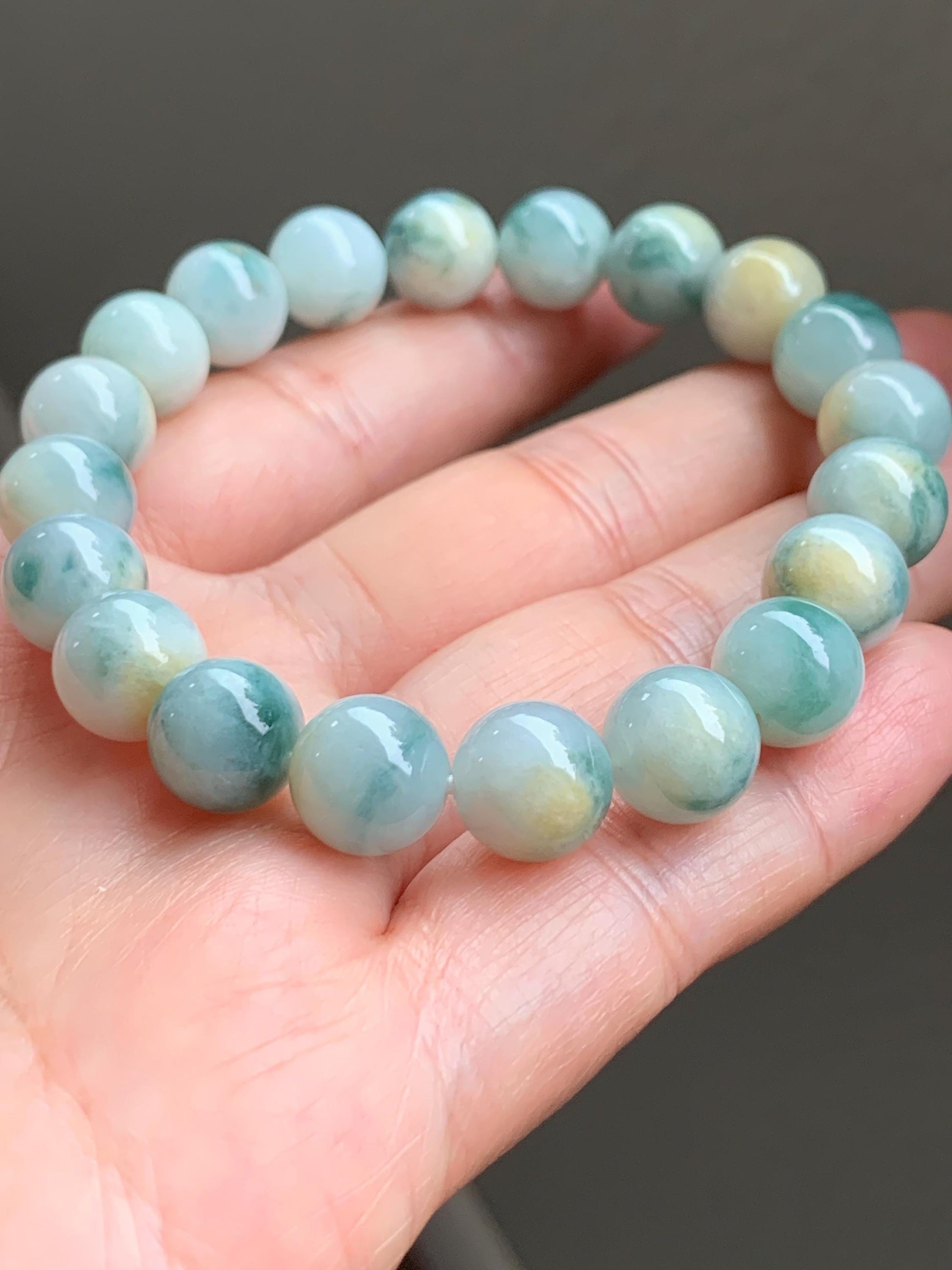 Natural Grade A Icy Translucent Teal Green & Yellow Marbled Tricolored Jade Jadeite Beaded Bracelet 10mm 7.25" 34g 天然糯冰三彩珠翡翠手串 SCZ220