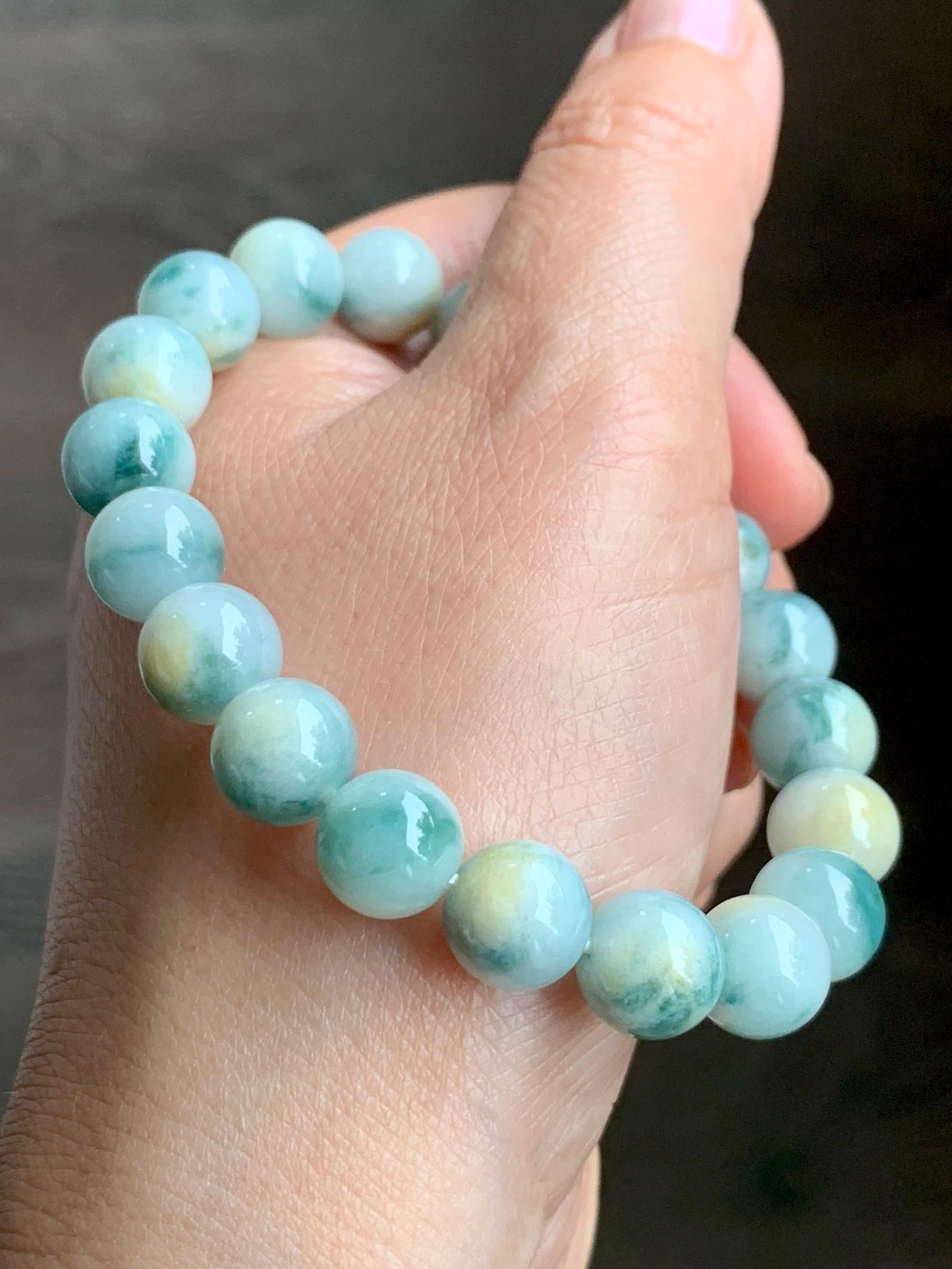 Natural Grade A Icy Translucent Teal Green & Yellow Marbled Tricolored Jade Jadeite Beaded Bracelet 10mm 7.25" 34g 天然糯冰三彩珠翡翠手串 SCZ220