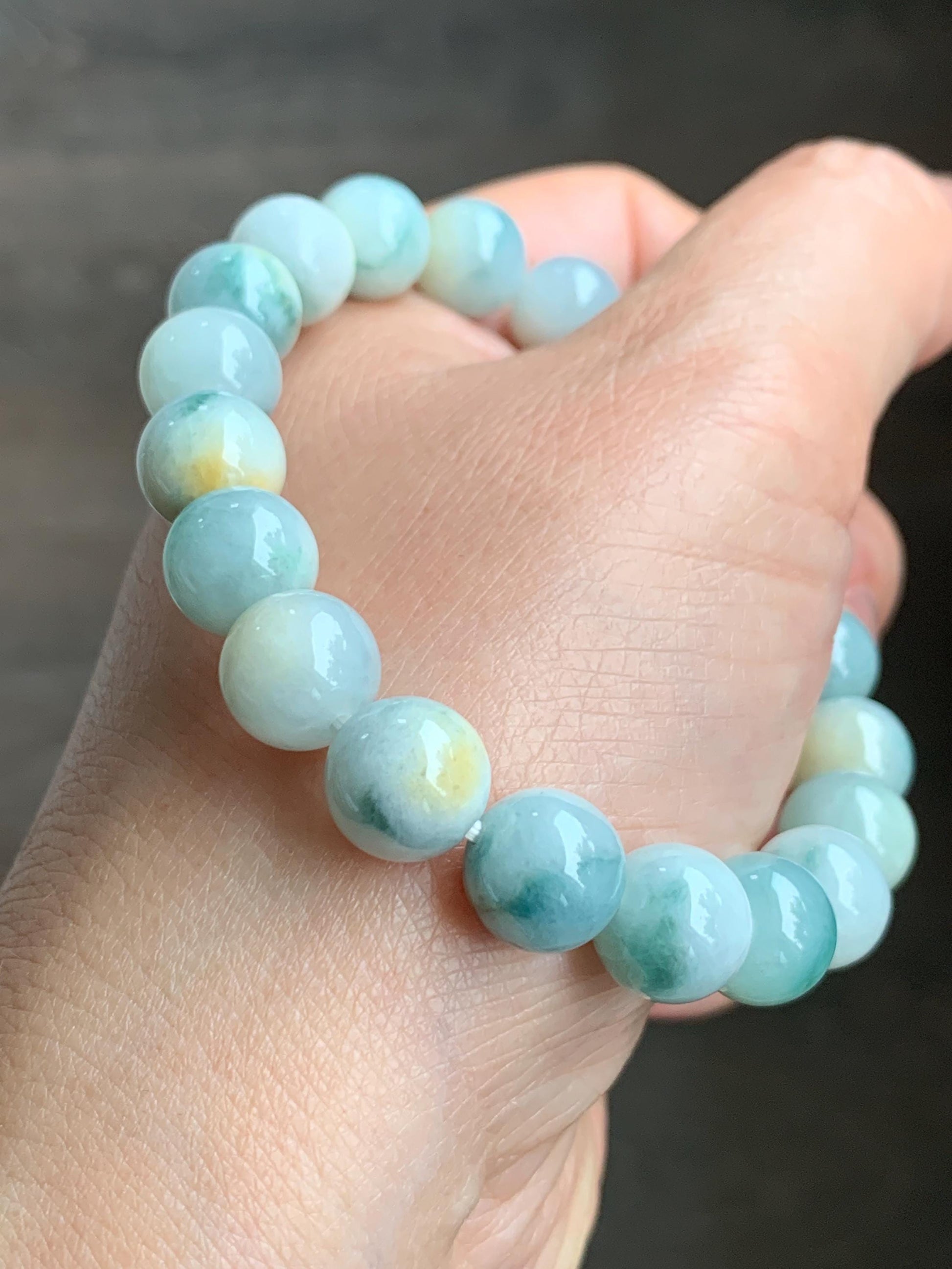 Natural Grade A Icy Translucent Teal Green & Yellow Marbled Tricolored Jade Jadeite Beaded Bracelet 10mm 7.25" 34g 天然糯冰三彩珠翡翠手串 SCZ220