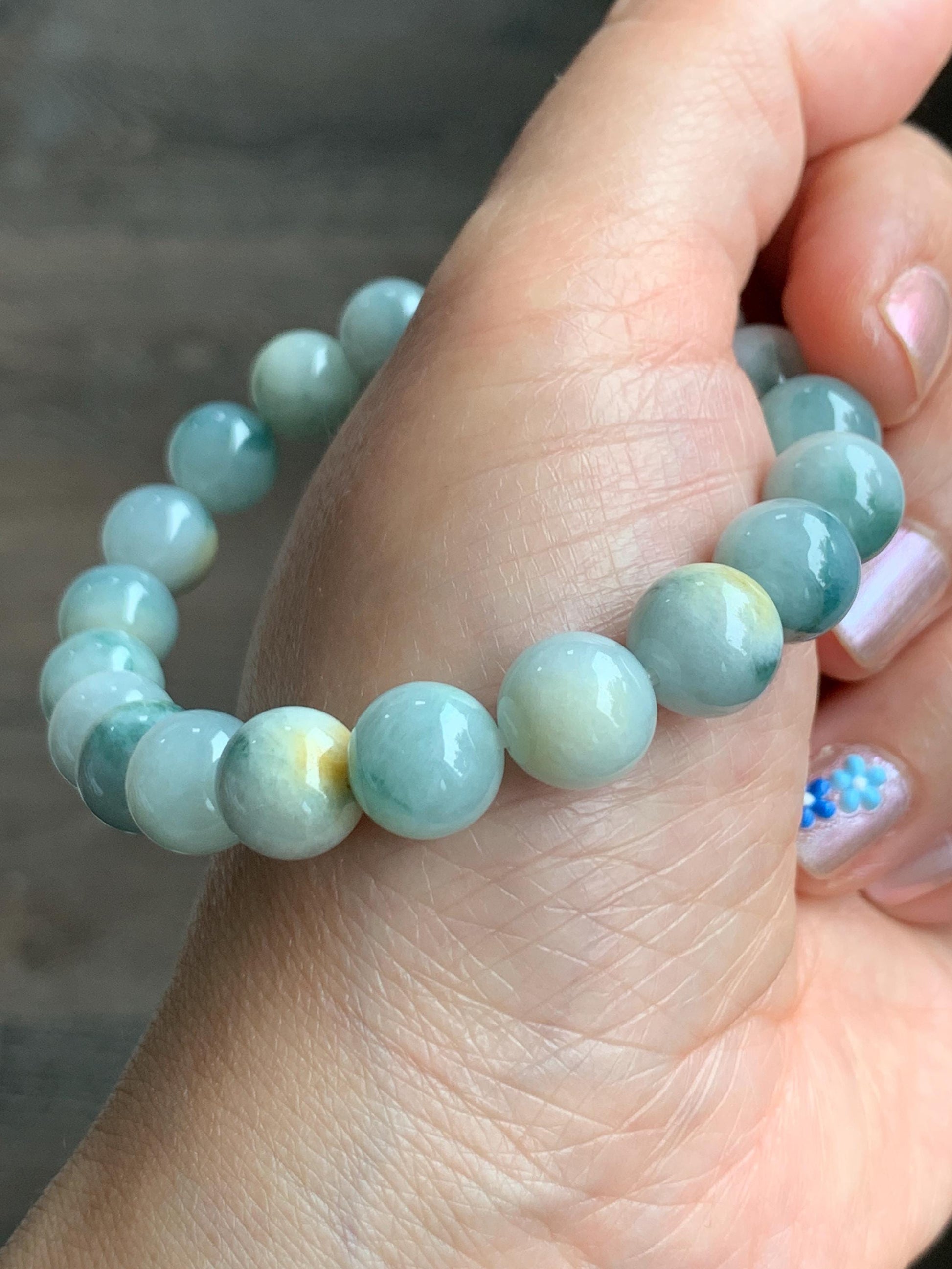 Natural Grade A Icy Translucent Teal Green & Yellow Marbled Tricolored Jade Jadeite Beaded Bracelet 10mm 7.25" 34g 天然糯冰三彩珠翡翠手串 SCZ220