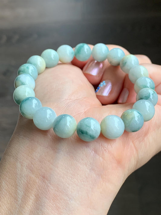Natural Grade A Icy Translucent Teal Green & Yellow Marbled Tricolored Jade Jadeite Beaded Bracelet 10mm 7.25" 34g 天然糯冰三彩珠翡翠手串 SCZ220