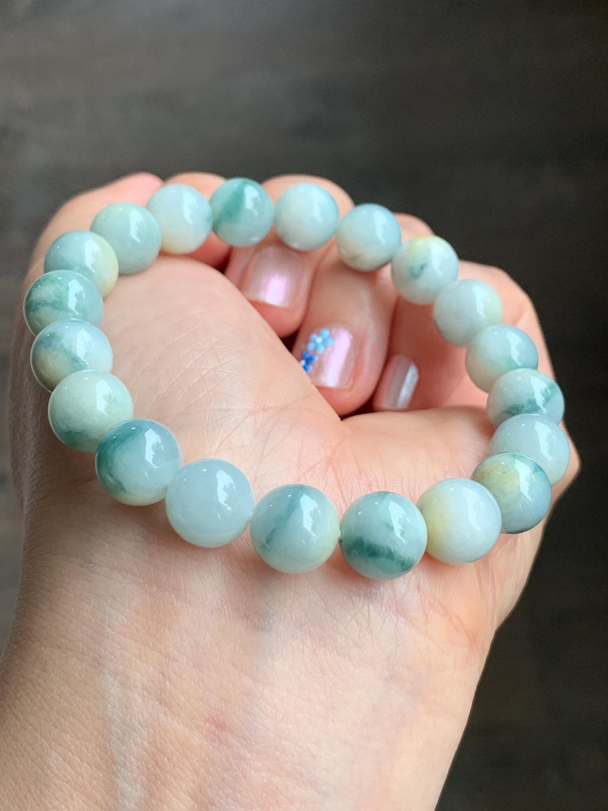Natural Grade A Icy Translucent Teal Green & Yellow Marbled Tricolored Jade Jadeite Beaded Bracelet 10mm 7.25" 34g 天然糯冰三彩珠翡翠手串 SCZ220