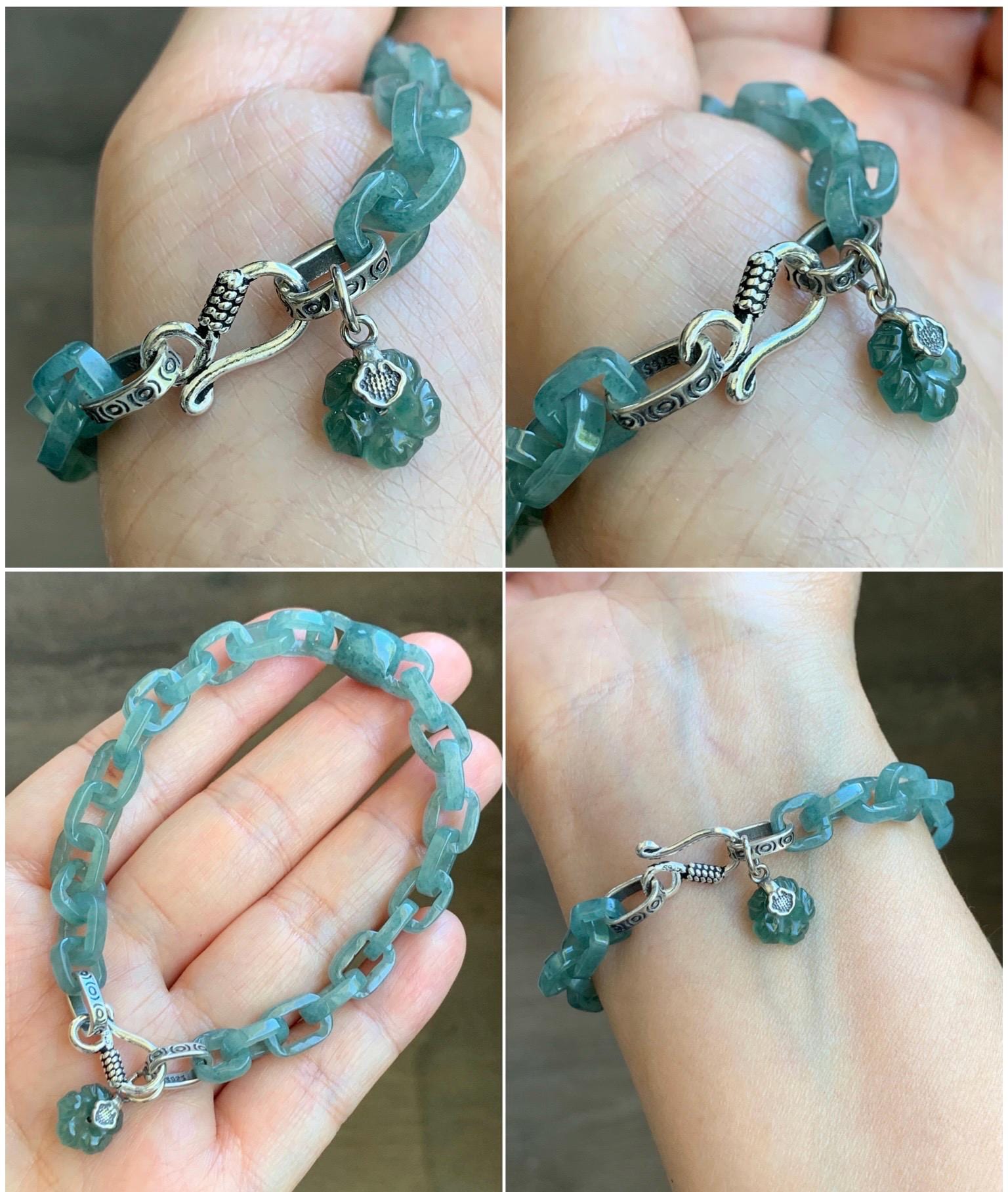 Natural Guatemalan Icy Translucent Dusty Teal Blue Jadeite Interlocking Link Bracelet Sterling Silver Adjustable 13g 天然冰危蓝翡翠环环相扣手链 LIS300